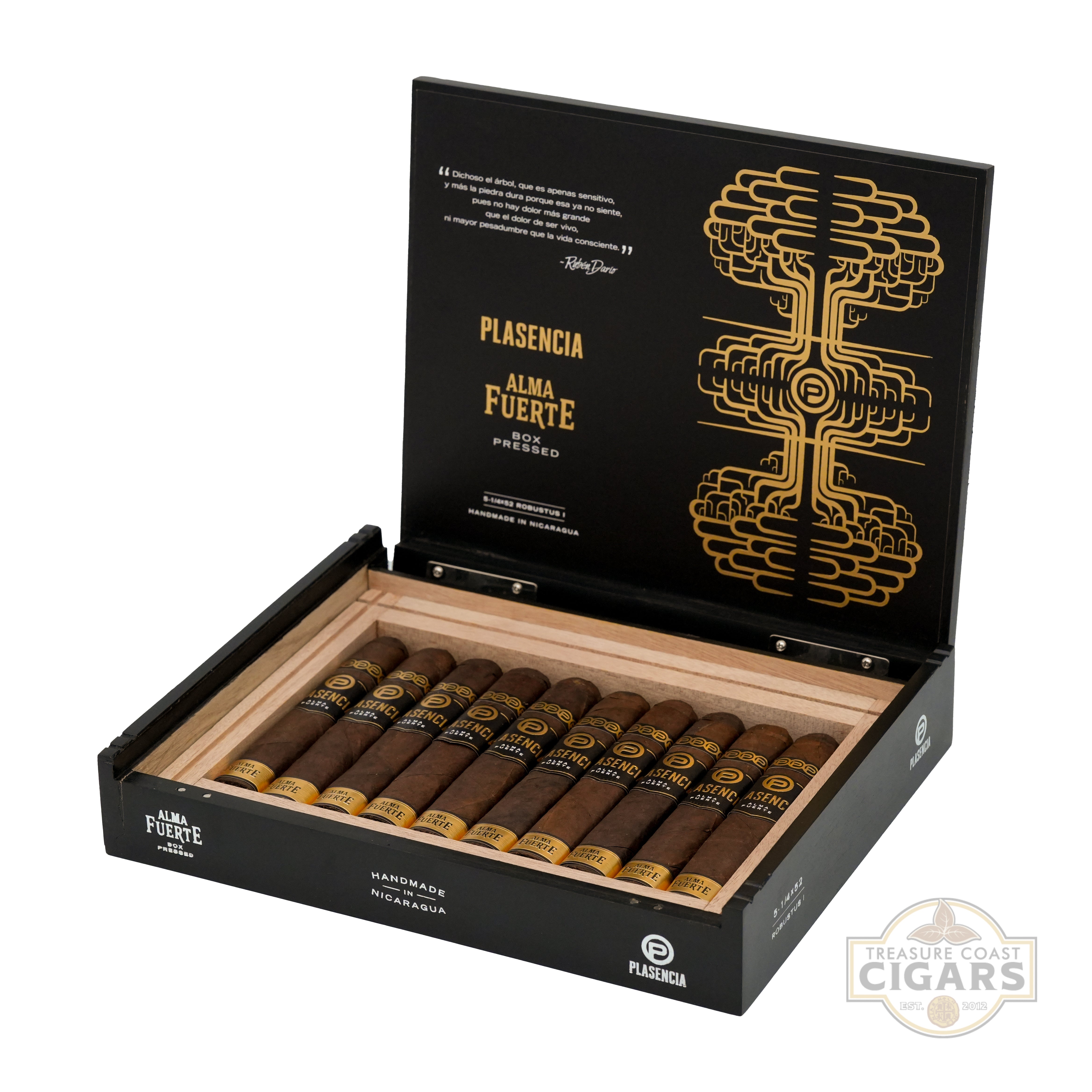 Open box of Plasencia cigars with cigars inside on a white background