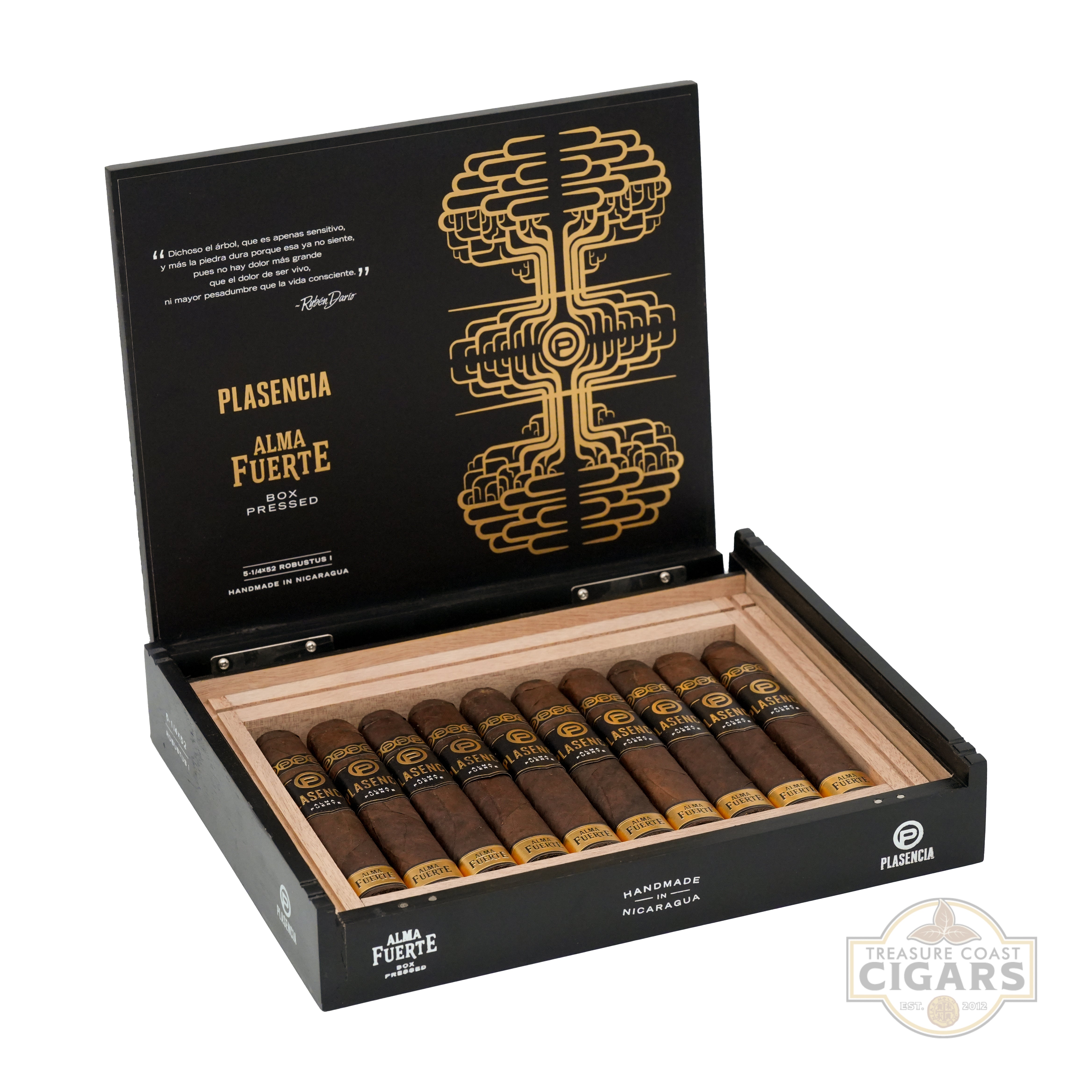 Open box of Plasencia Alma Fuerte cigars with cigars inside on a white background