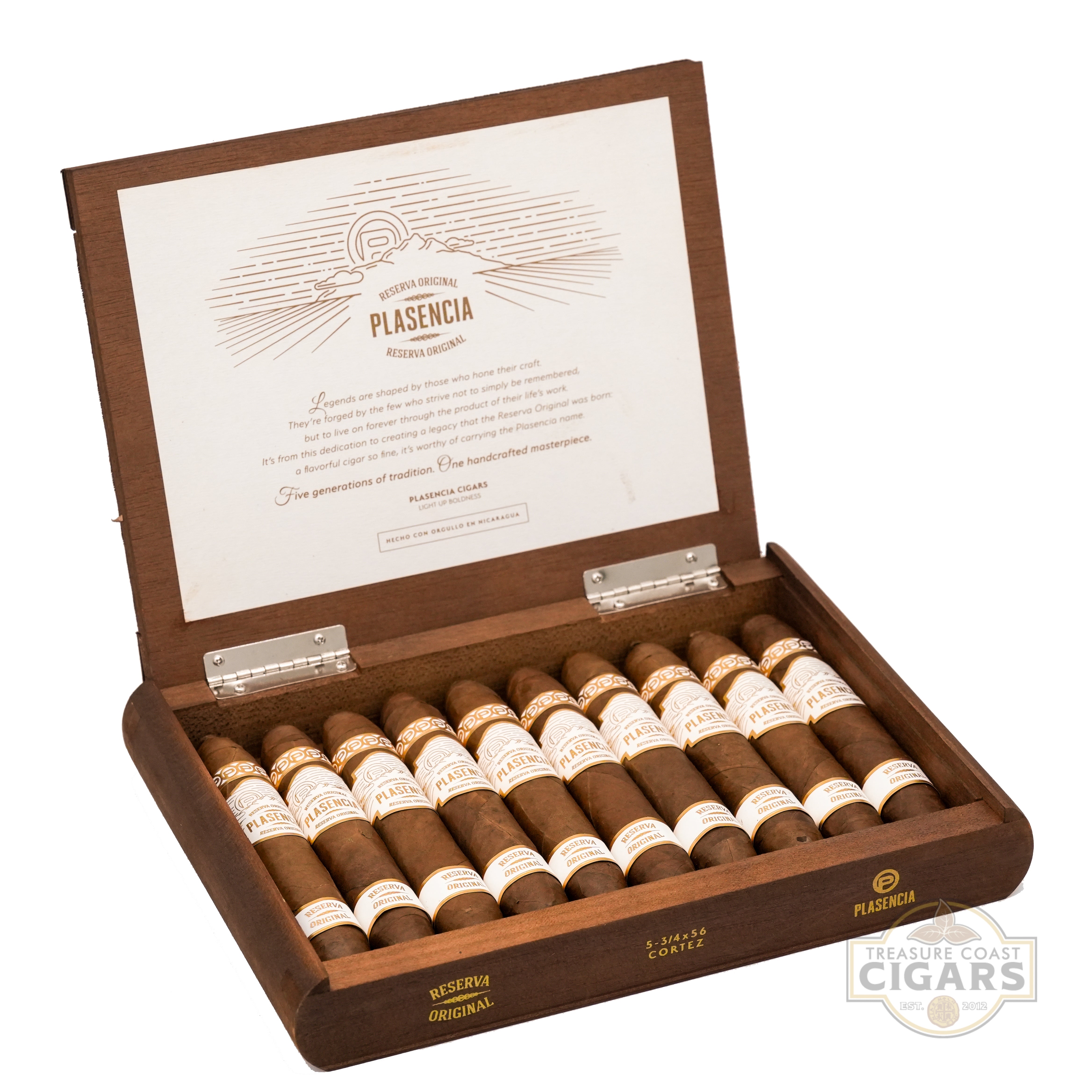Open wooden cigar box with Plasencia cigars on a white background