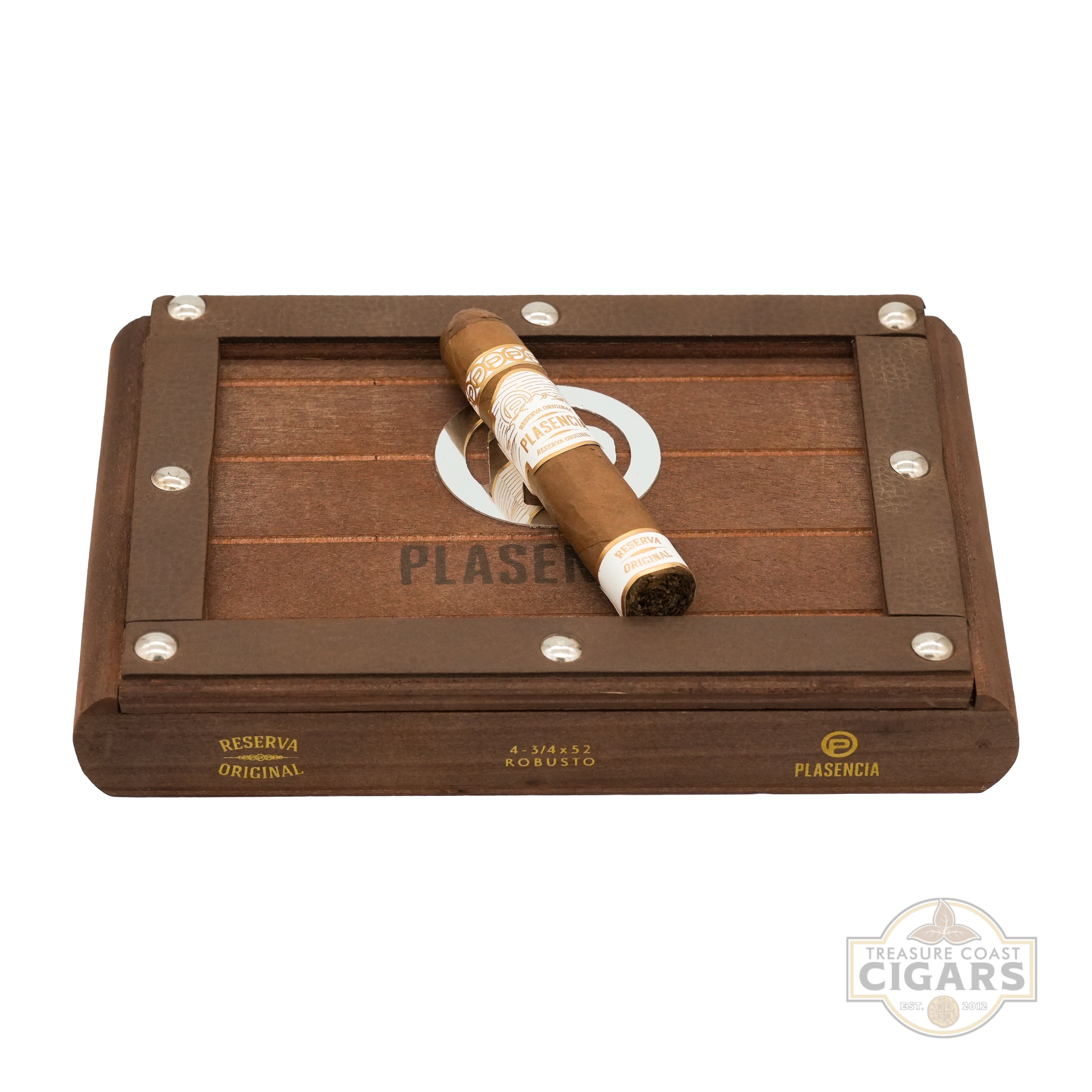 Wooden cigar box with cigars on a white background