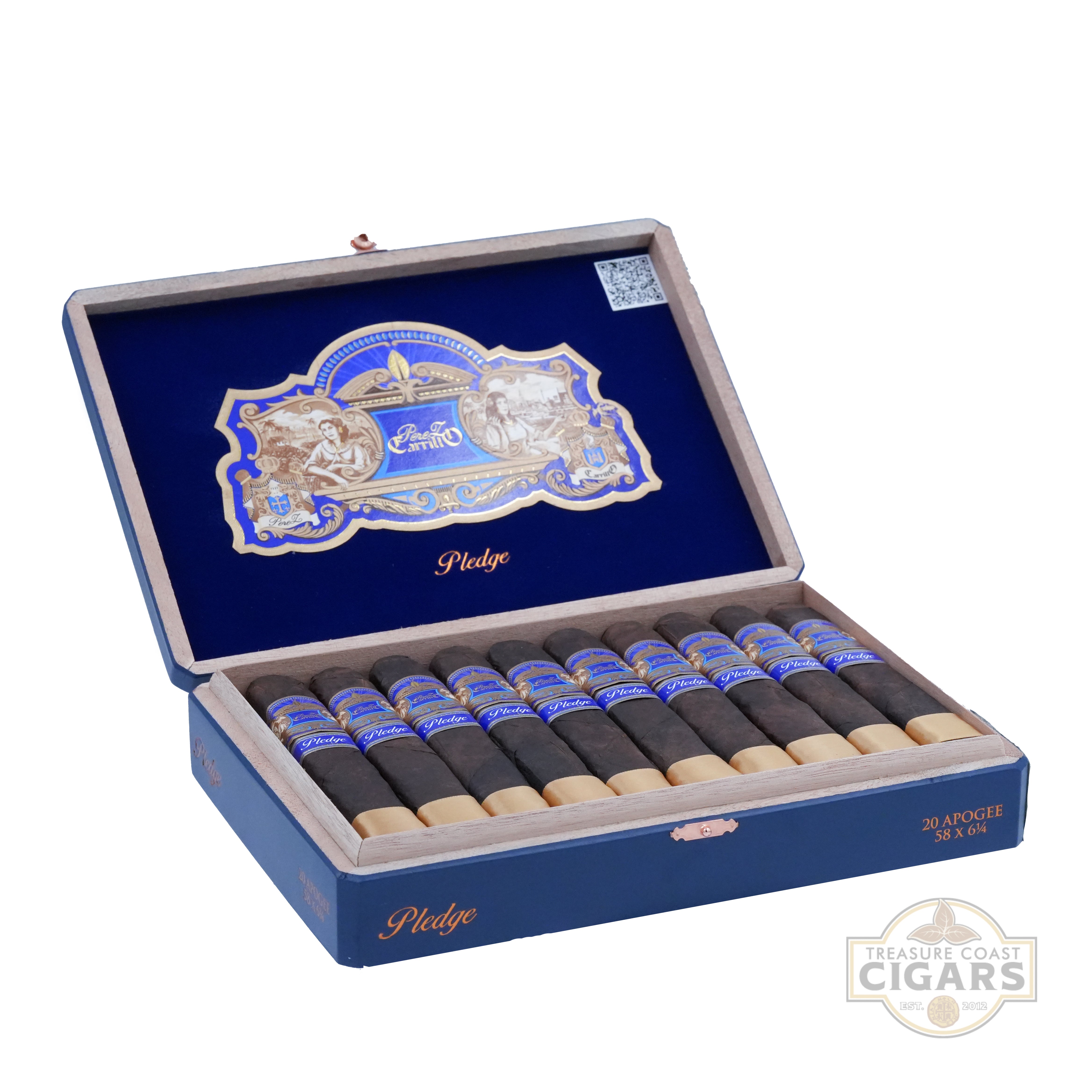 Open blue Pledge Apogee cigar box with cigars inside on a white background