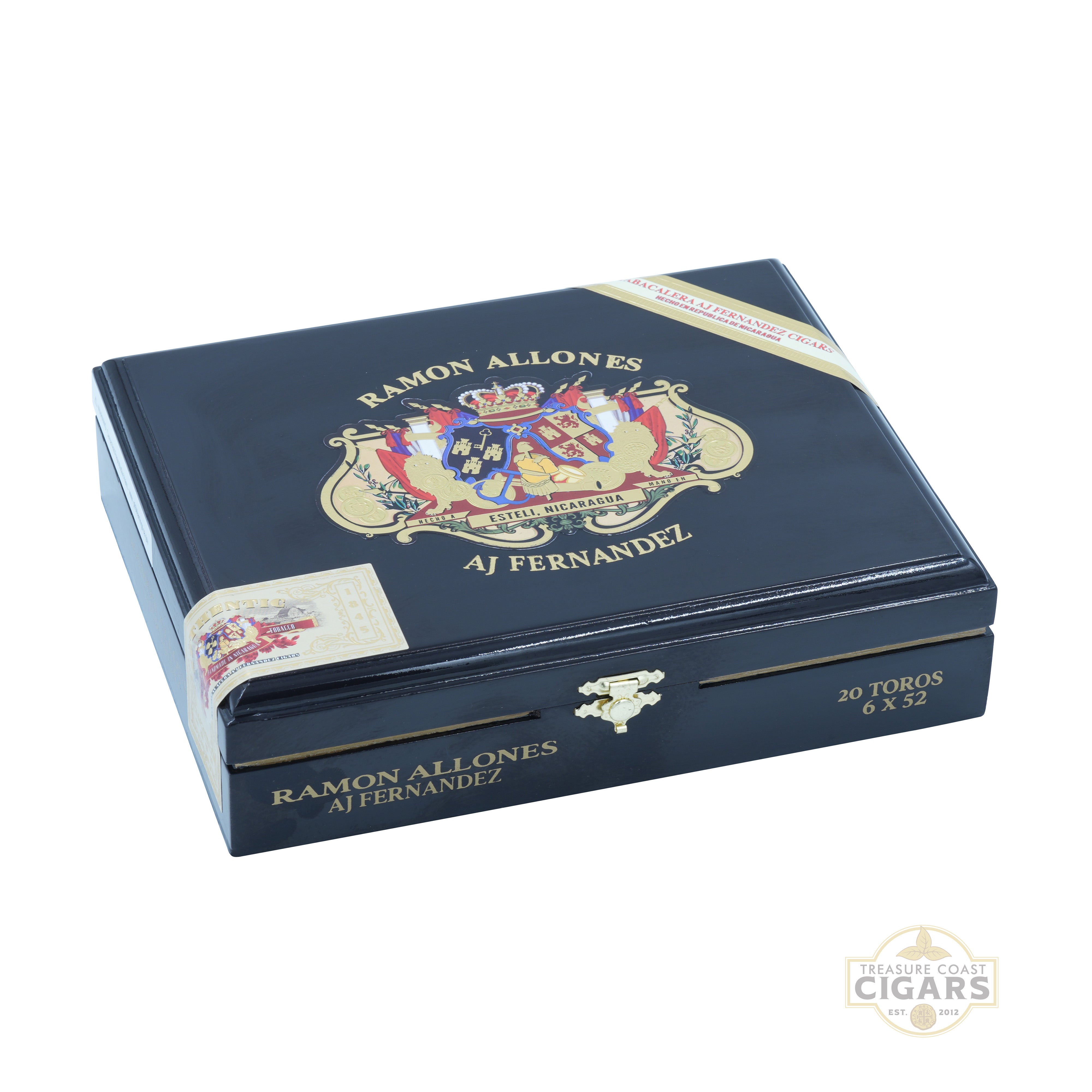 Cigar box with Ramon Allones AJ Fernandez branding on a white background