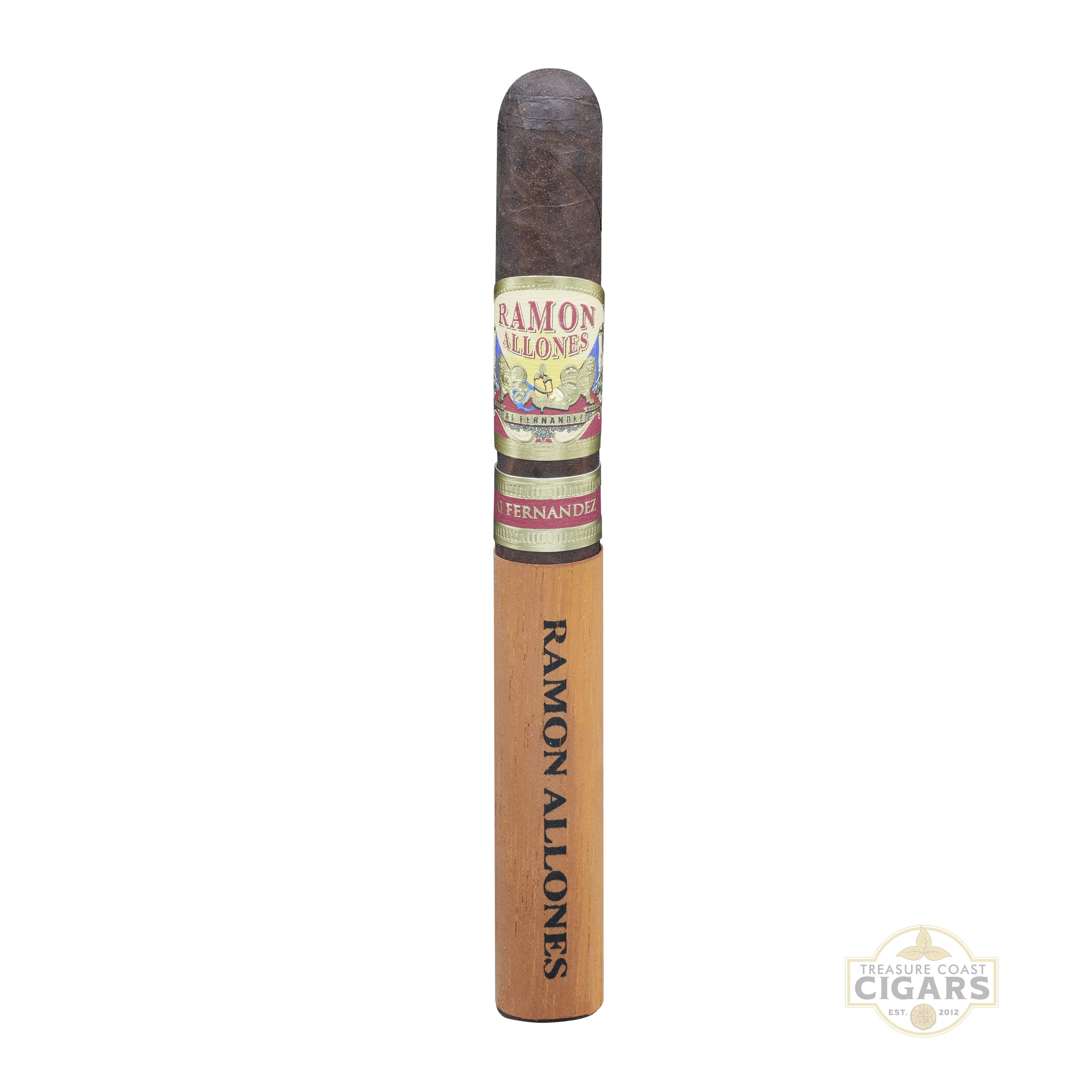 Ramon Allones cigar with wooden sleeve on a white background