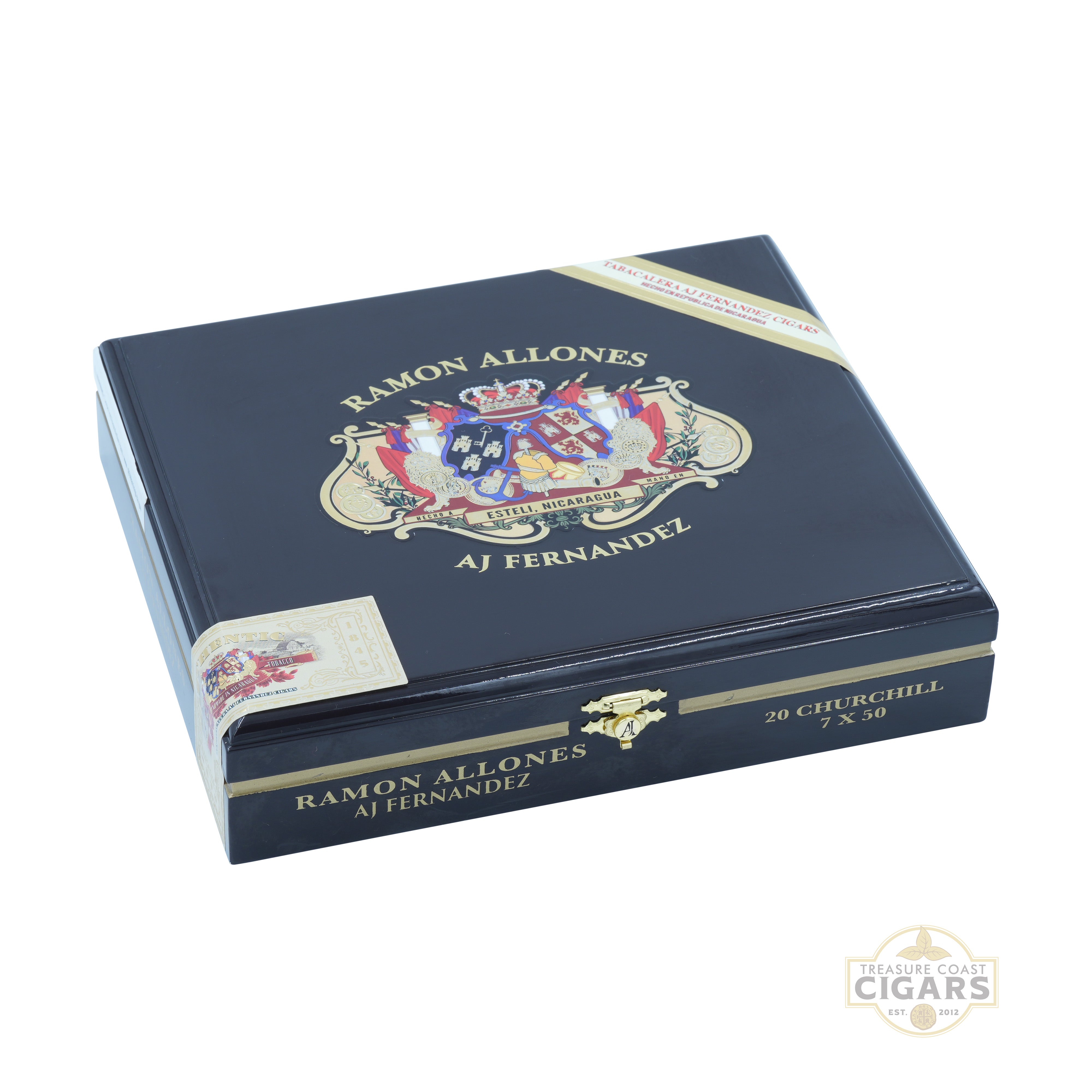 Cigar box with 'Ramon Allones' branding on a white background