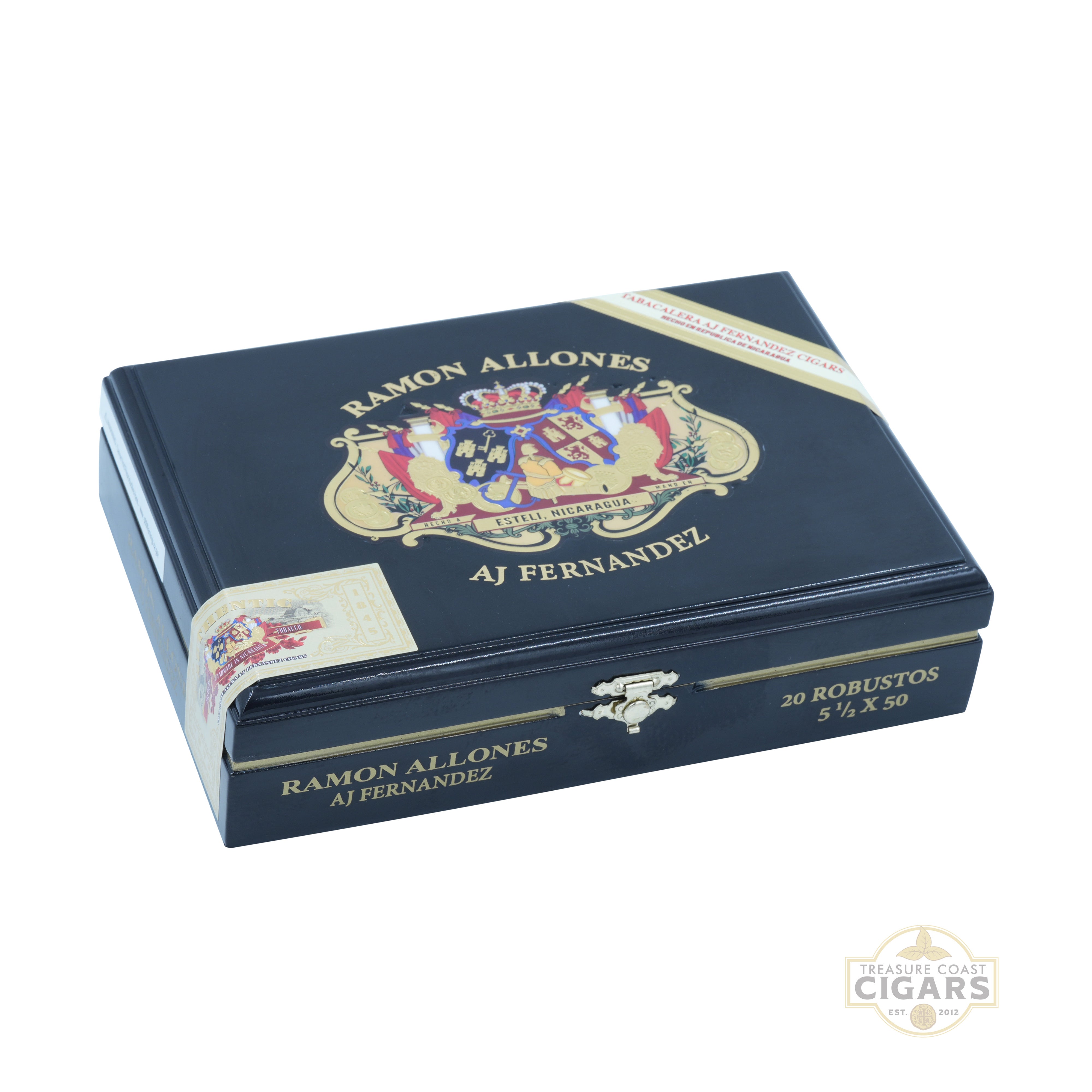Cigar box with Ramon Allones and AJ Fernandez branding on a white background
