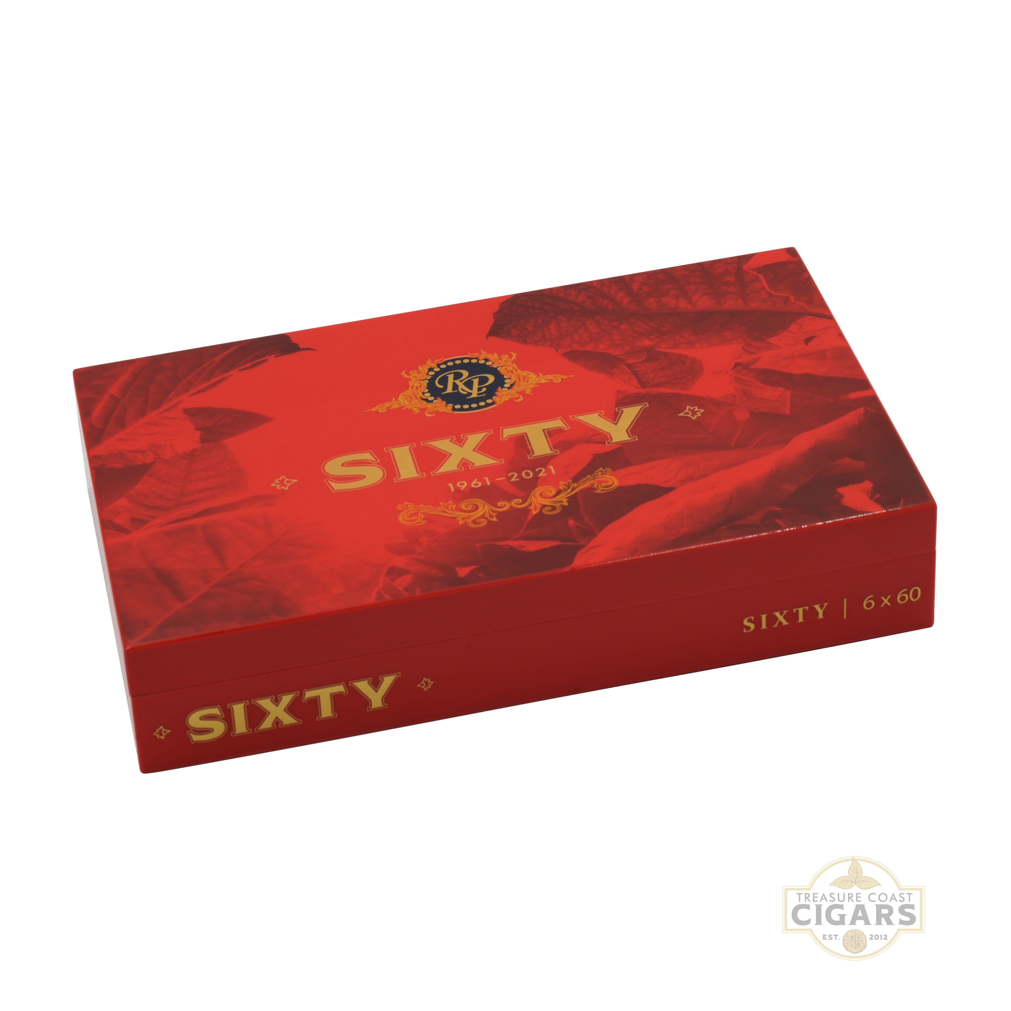 Red box of Sixty cigars with gold text on a white background