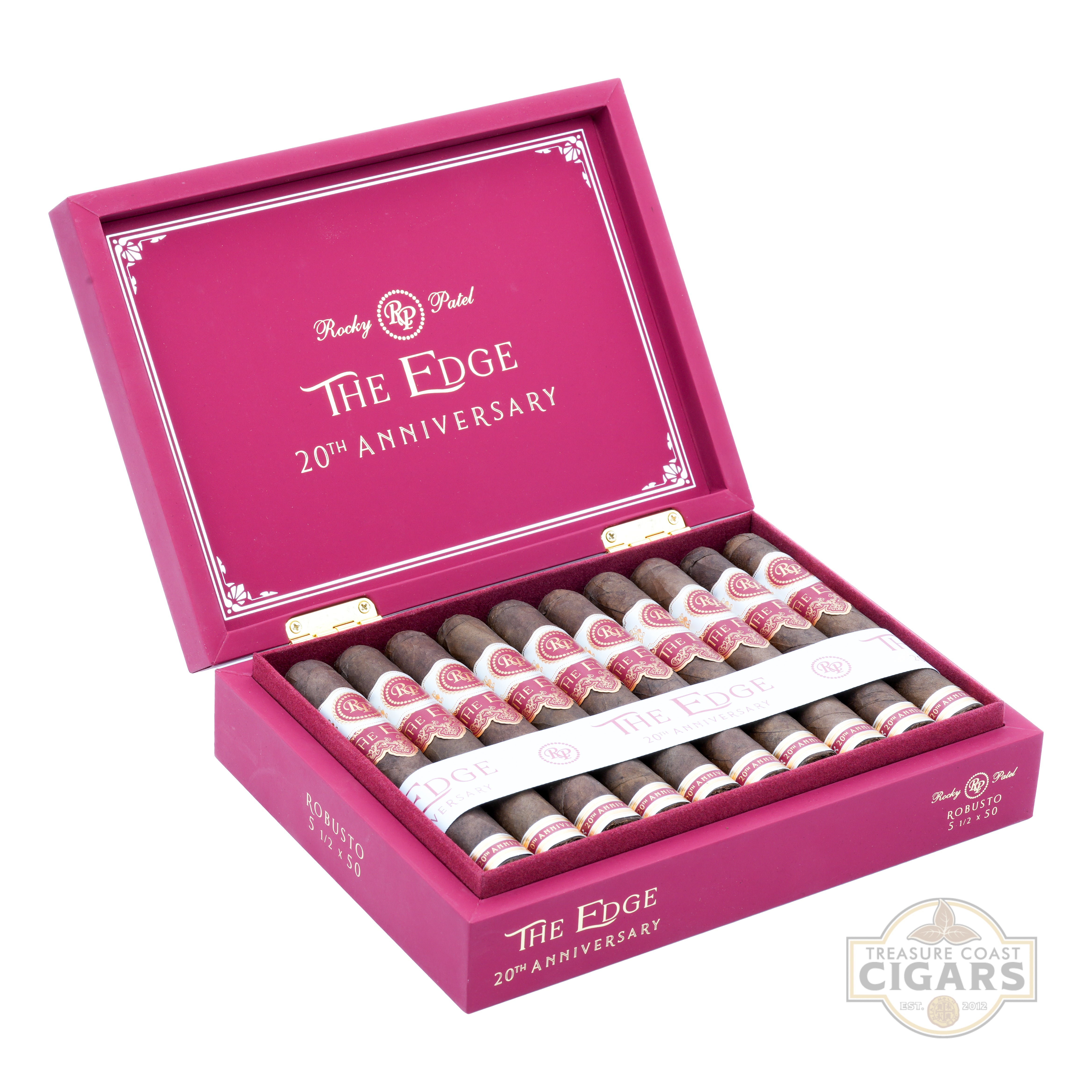Open red box of Rocky Patel The Edge 20th Anniversary cigars on a white background