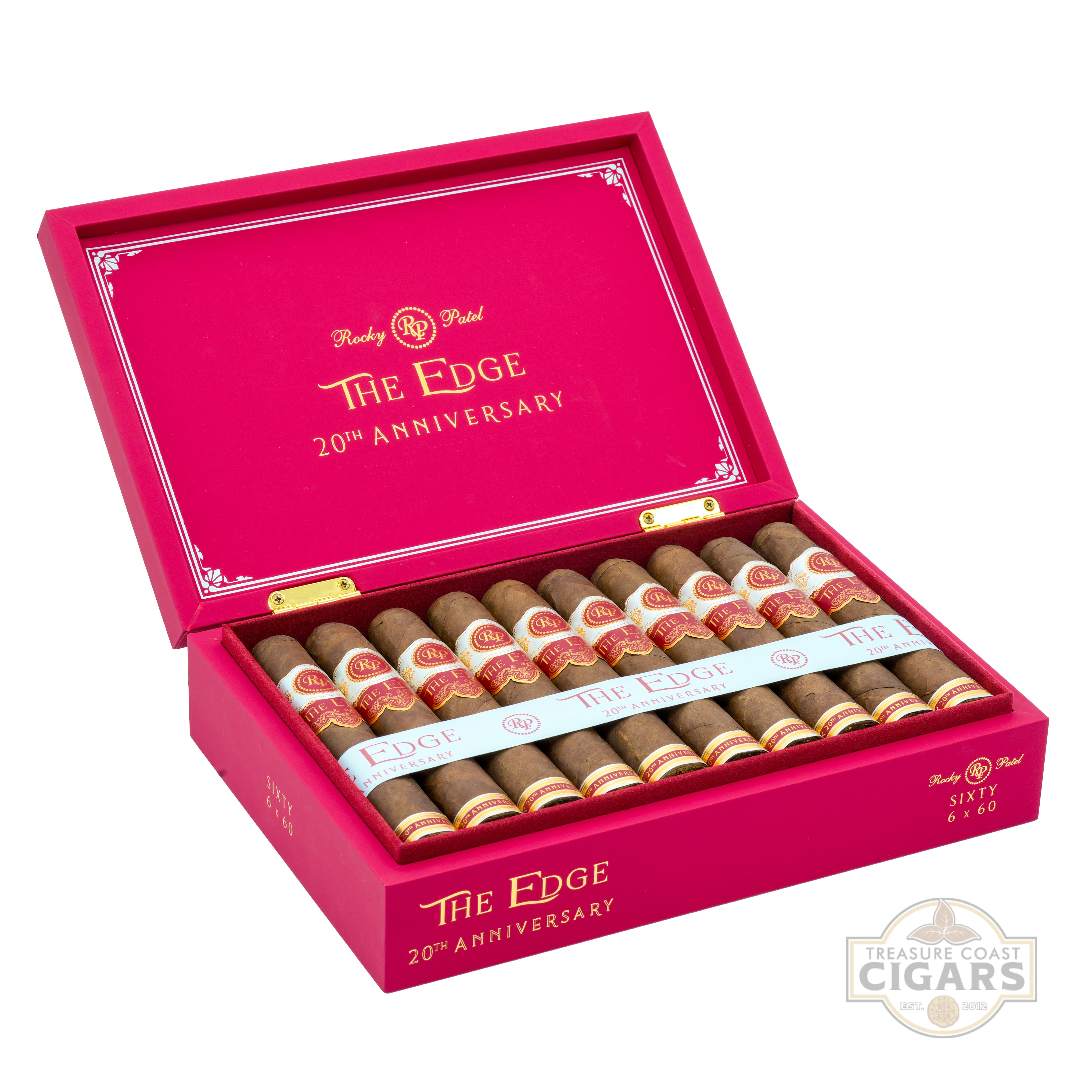 Red box of Rocky Patel The Edge 20th Anniversary cigars on a white background