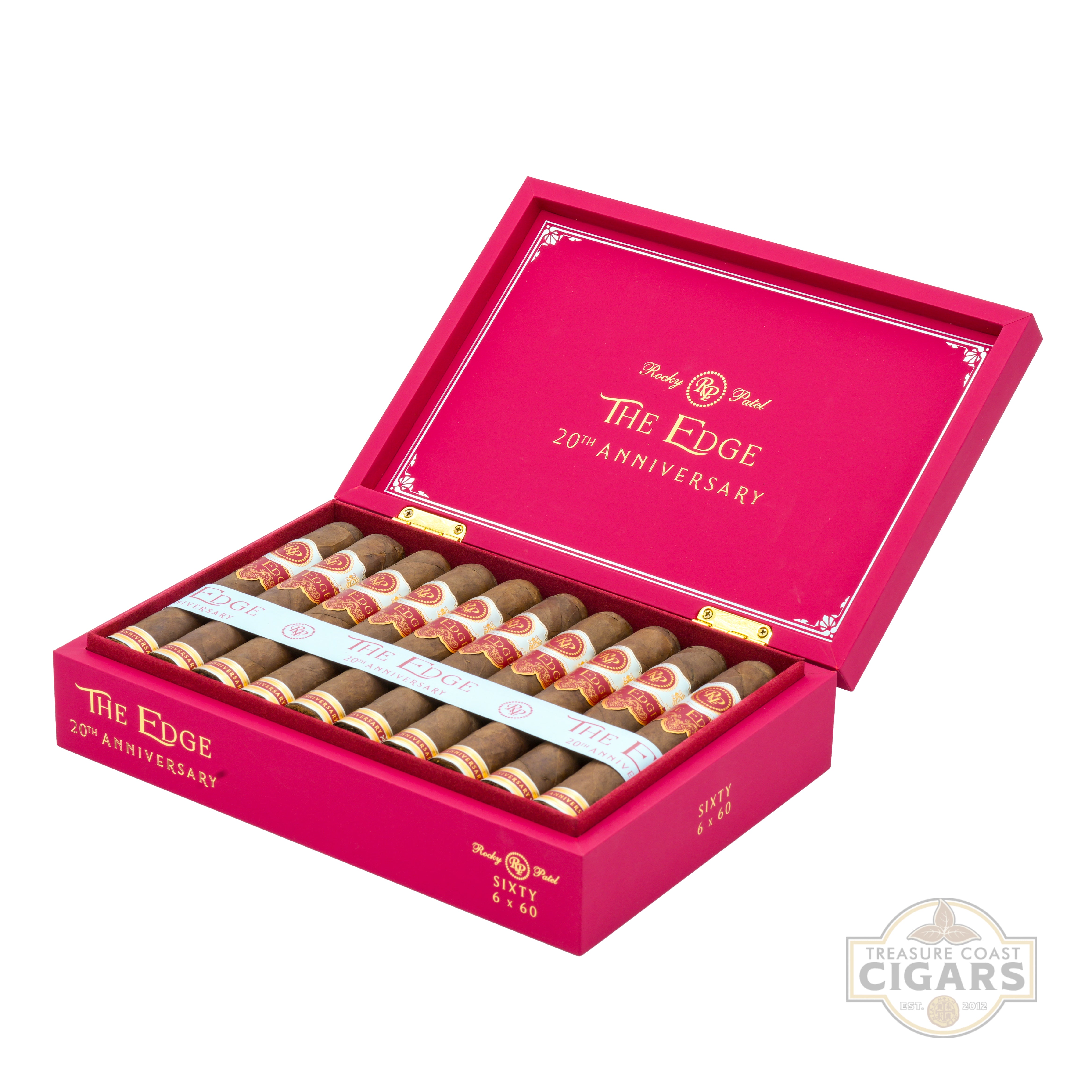 Open red box of Rocky Patel The Edge 20th Anniversary cigars on a white background