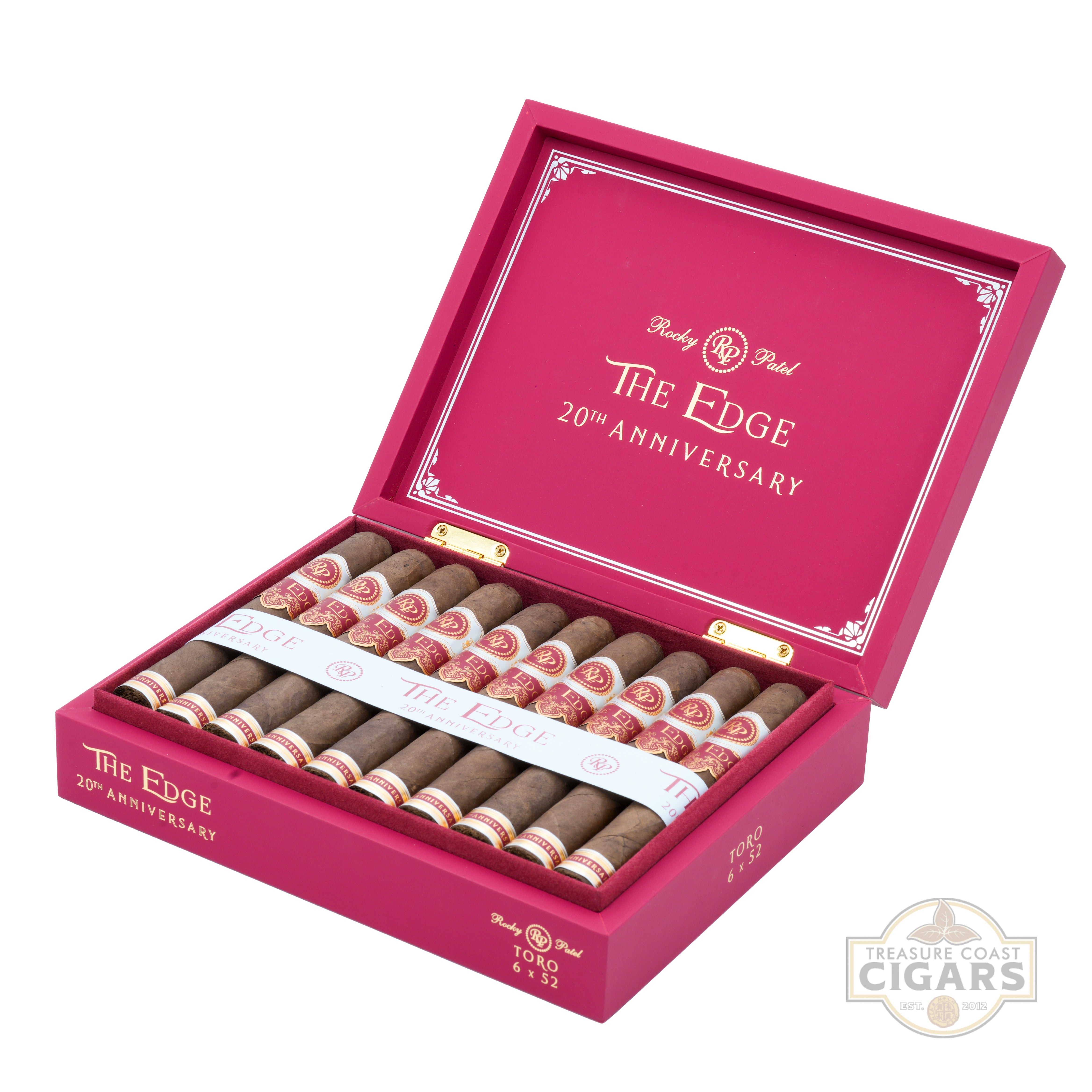 Open red box of Rocky Patel The Edge 20th Anniversary cigars on a white background