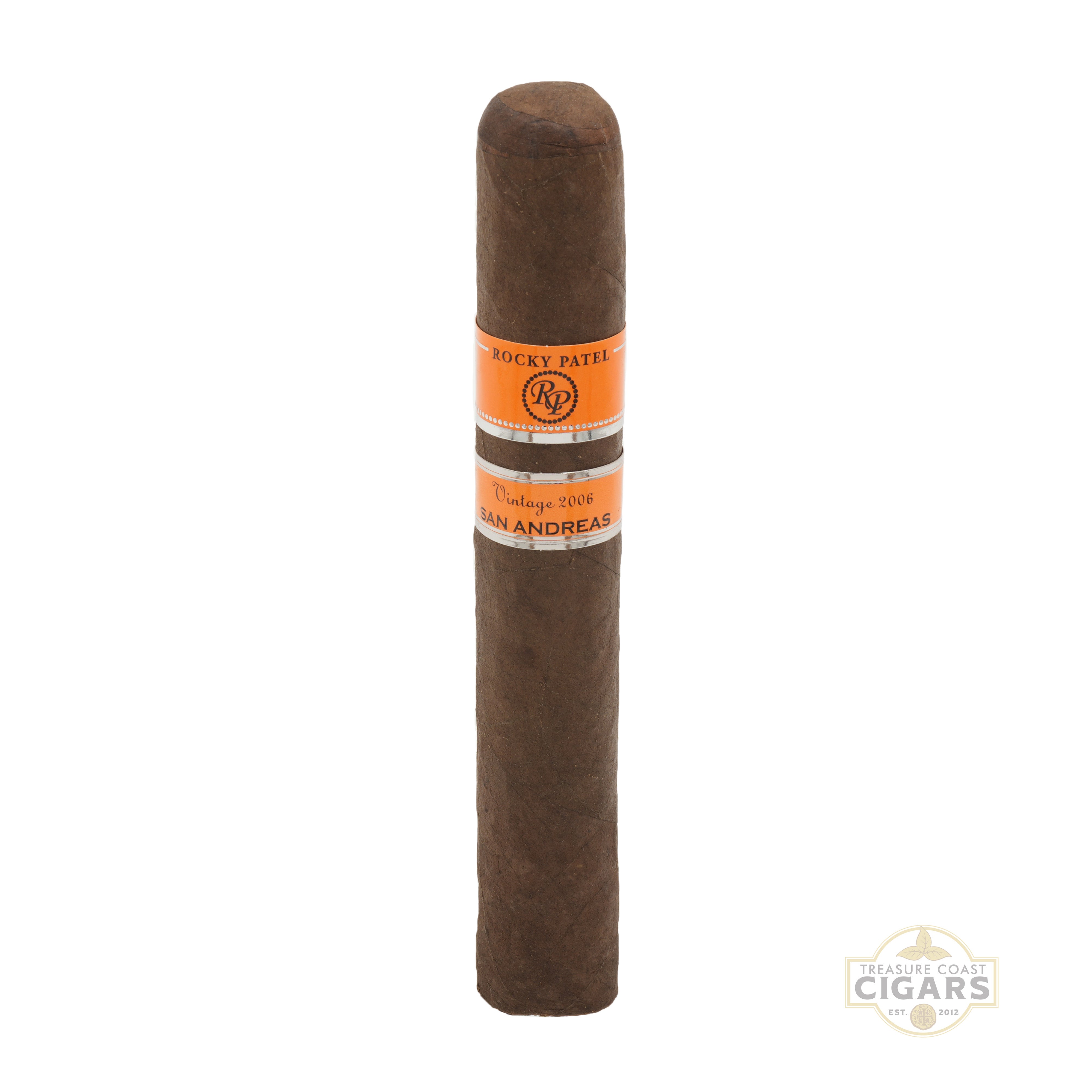 Cigar with Rocky Patel label on a white background