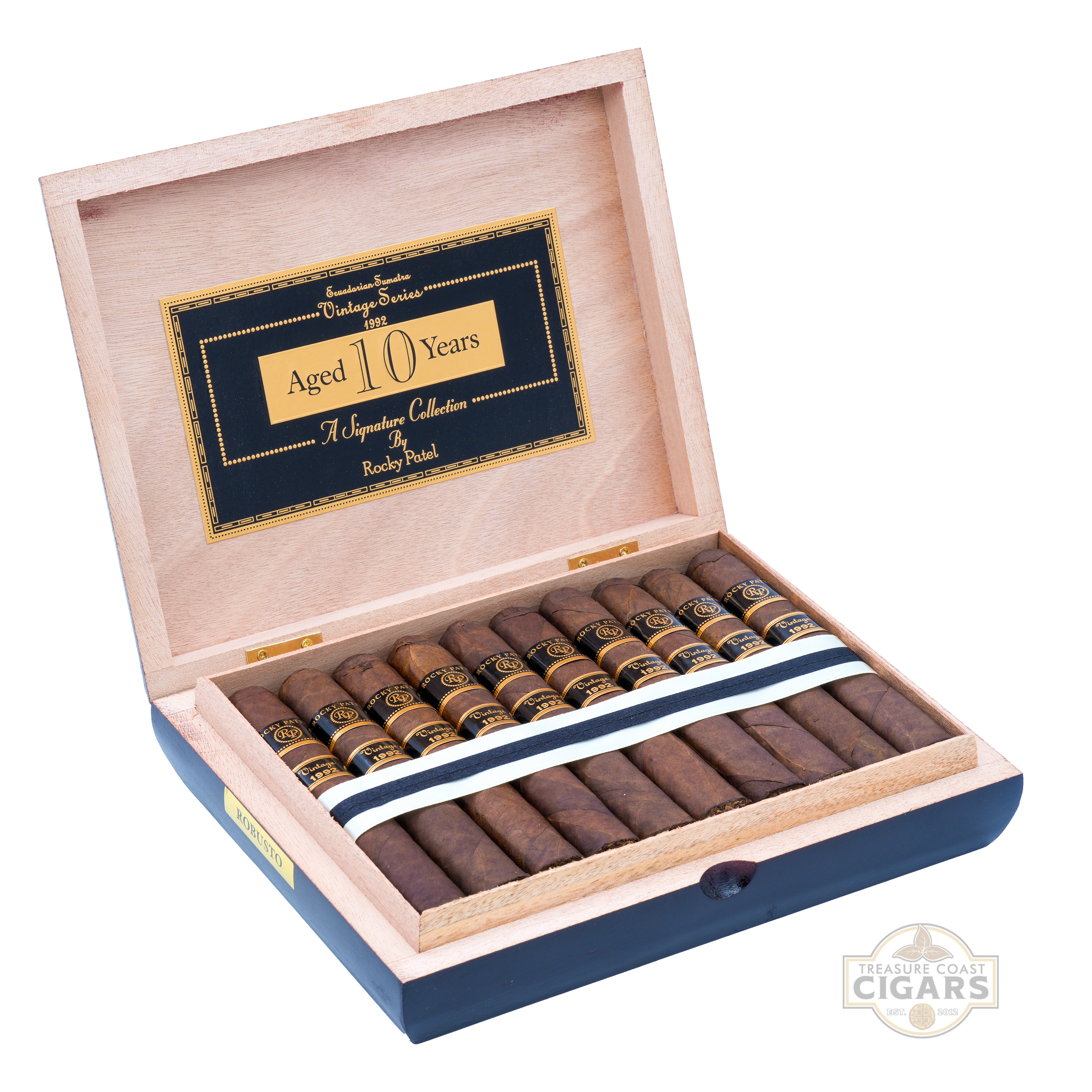 Open wooden box of cigars with a label indicating 'Aged 10 Years' on a white background.