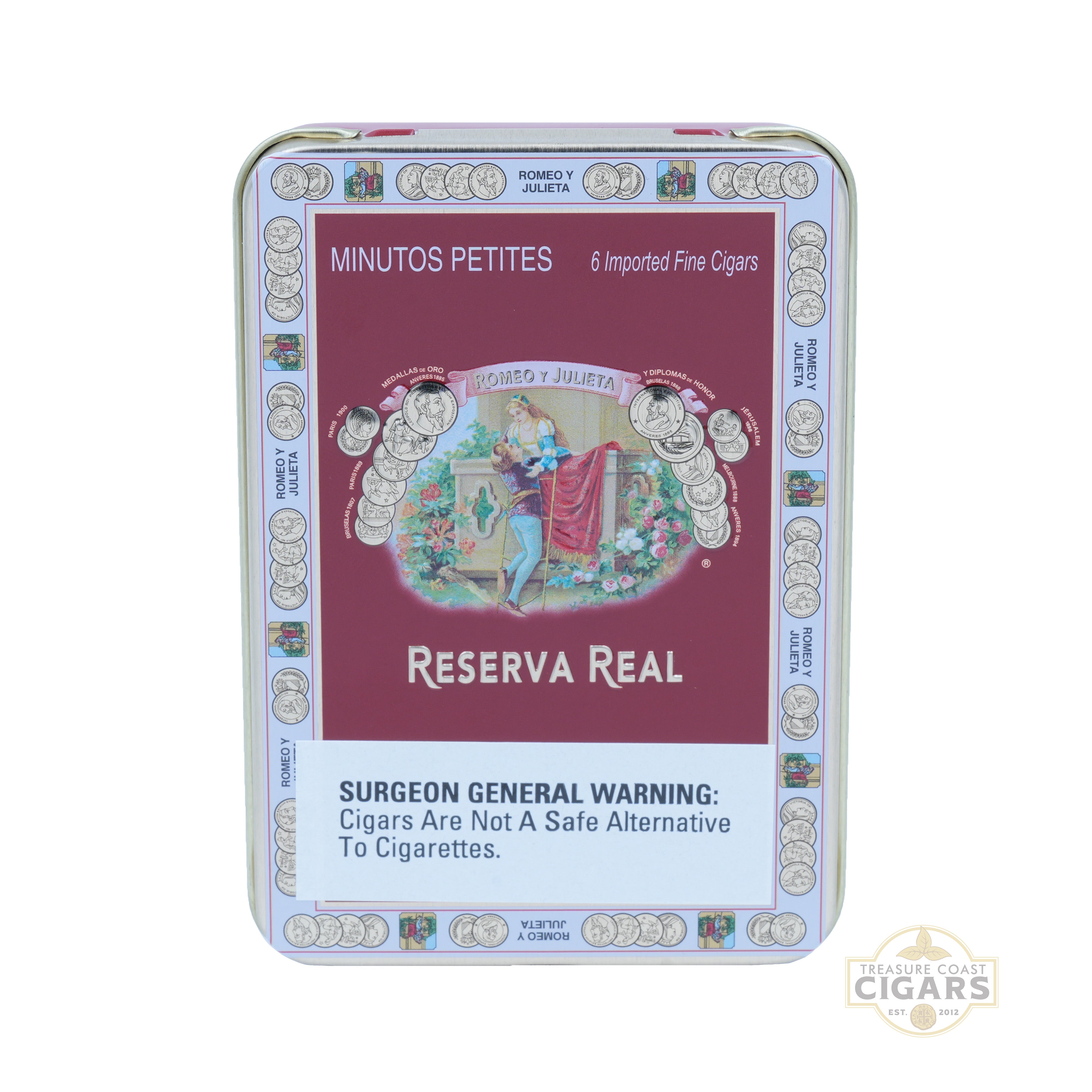 Reserva Real cigar tin with colorful design and text on a white background
