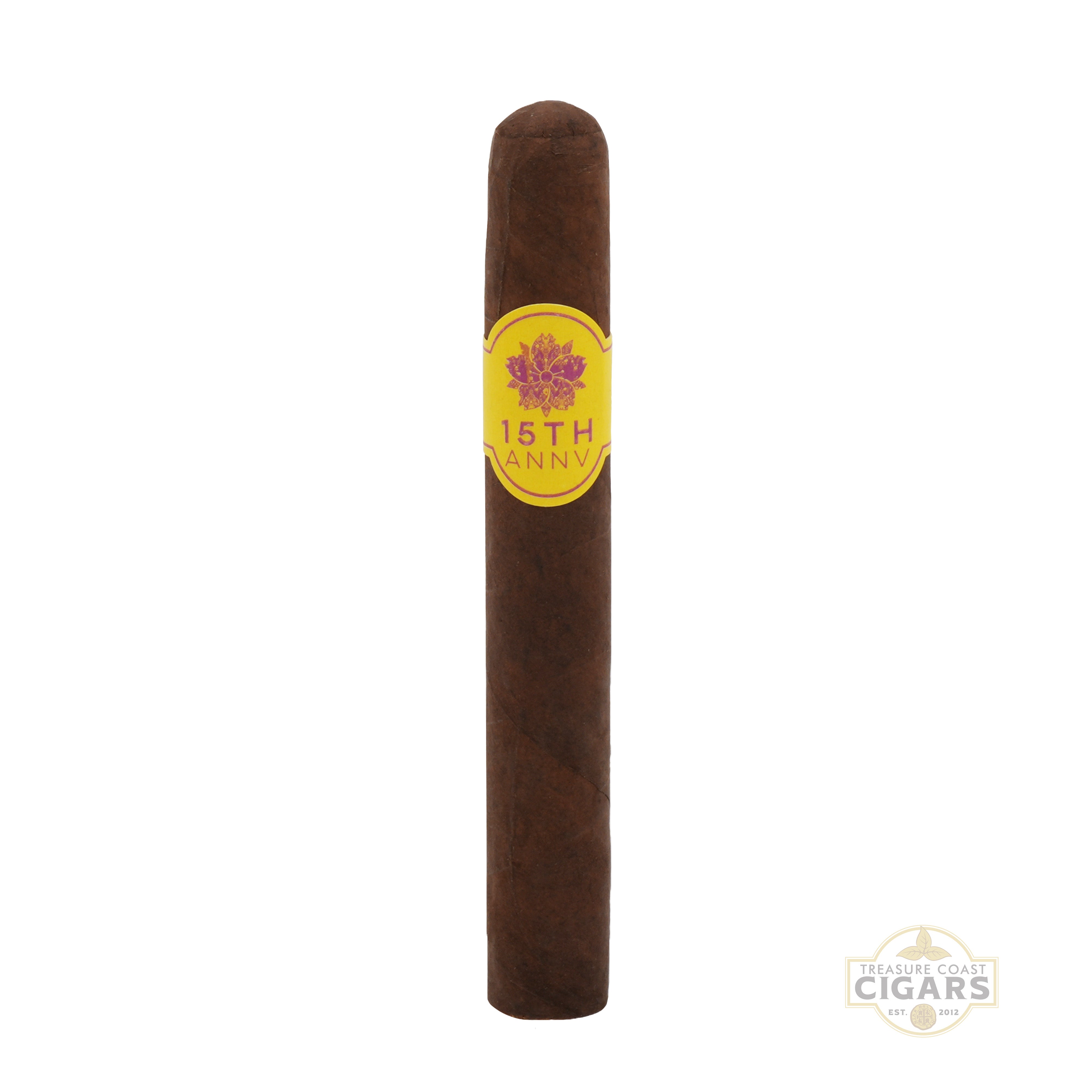 Room 101 15th Anniversary Cigar with a yellow band on a white background