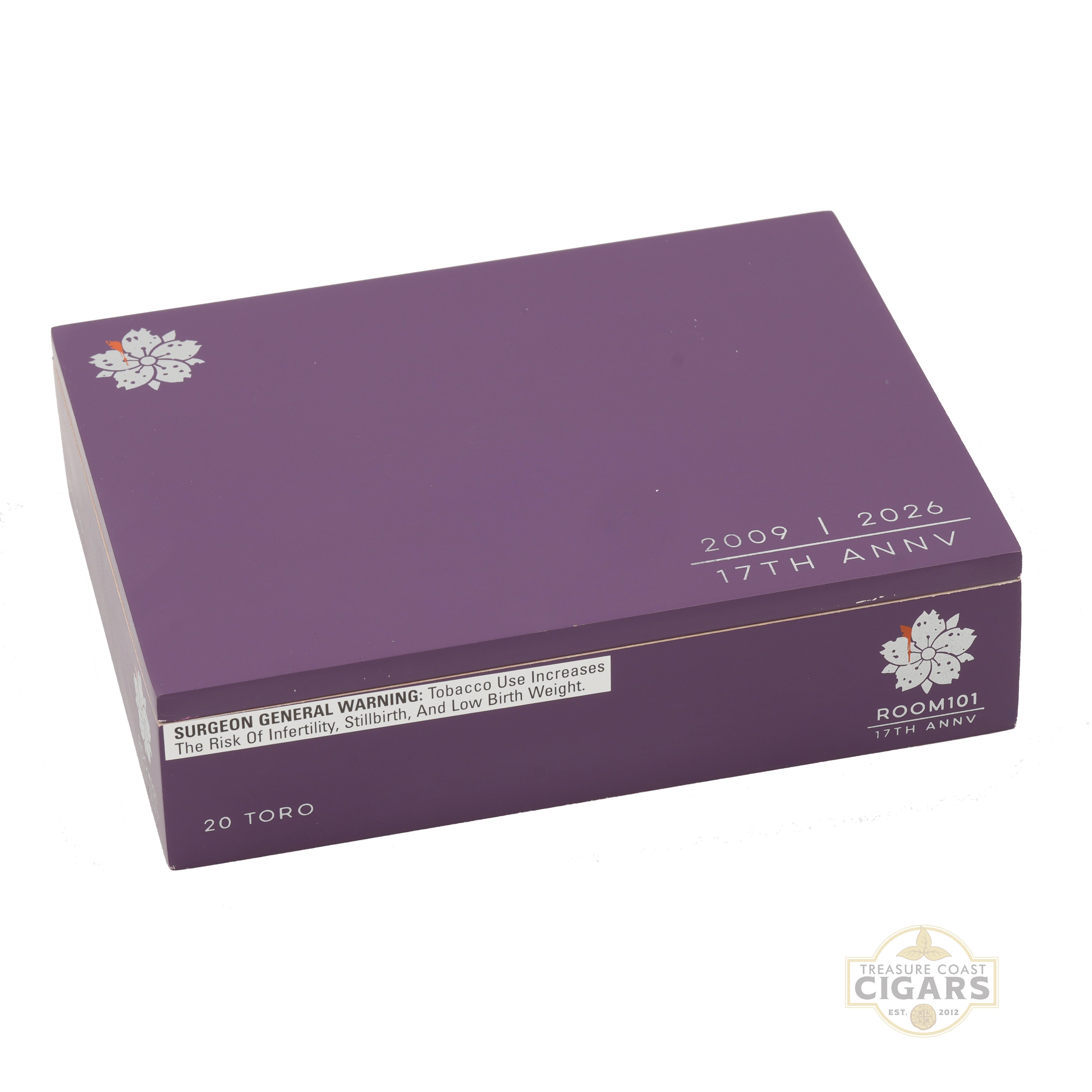 A closed purple cigar box with Room 101 17th Anniversary branding on a white background