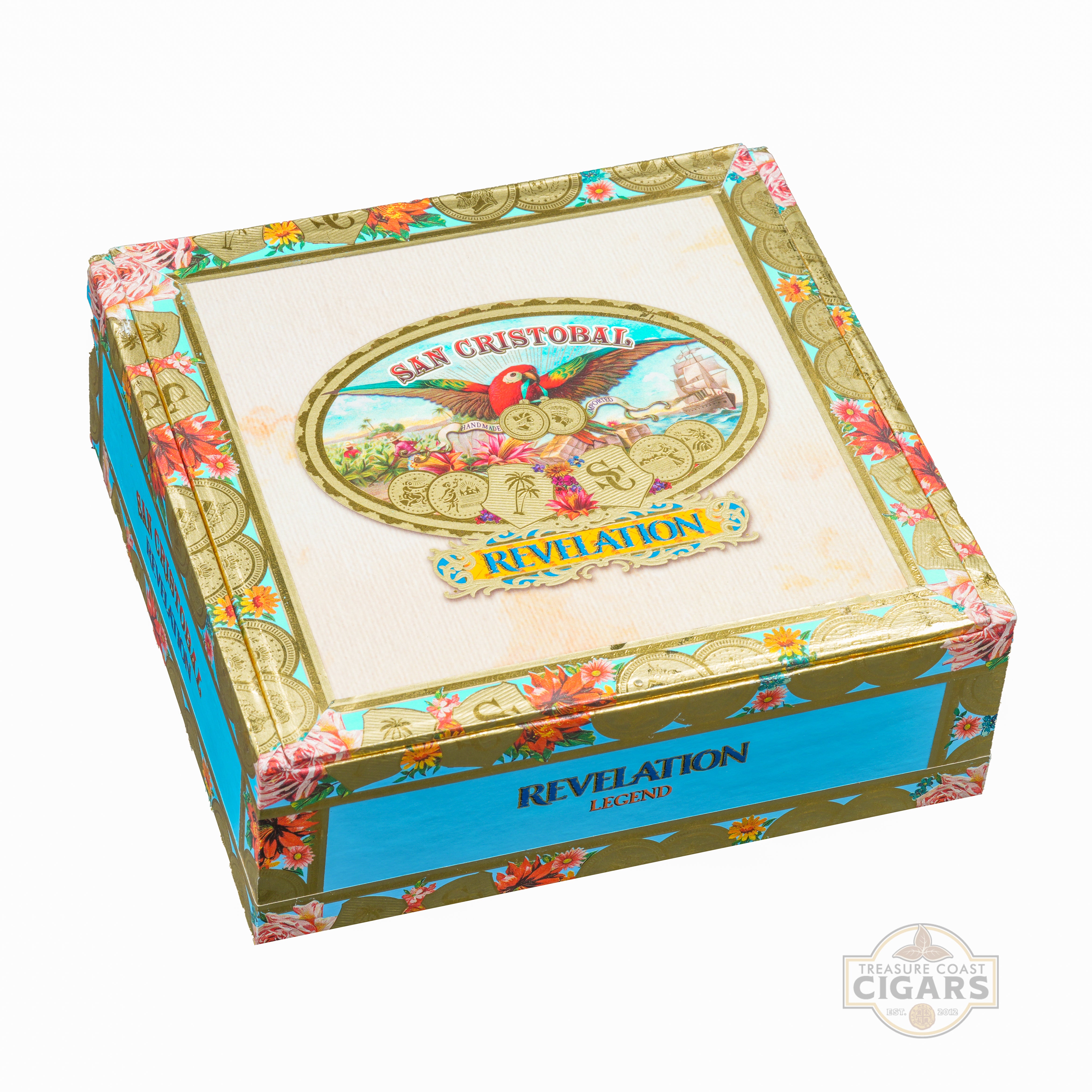 Cigar box with decorative design and 'San Cristobal' branding on a white background