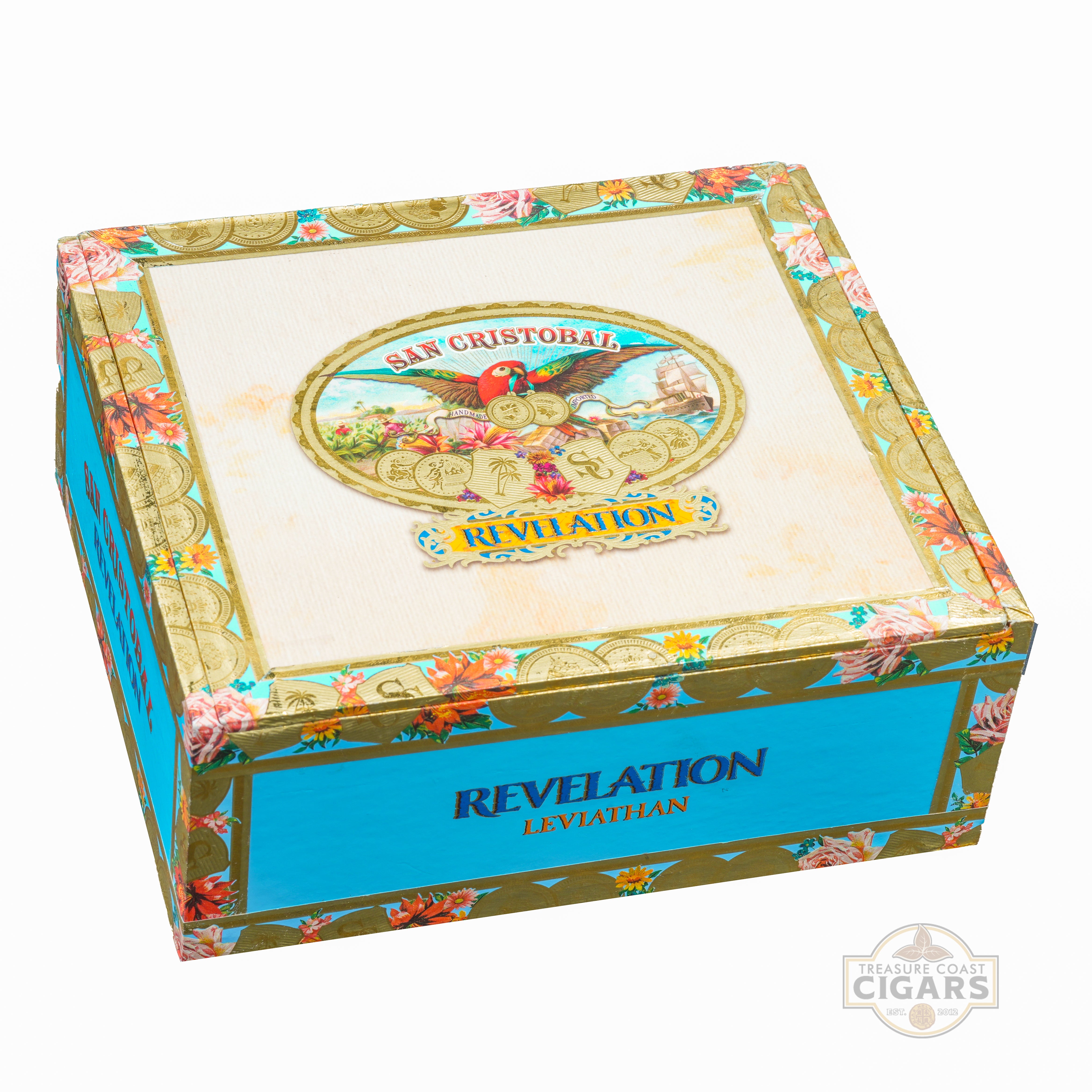 Cigar box with 'San Cristobal Revelation' branding on a white background