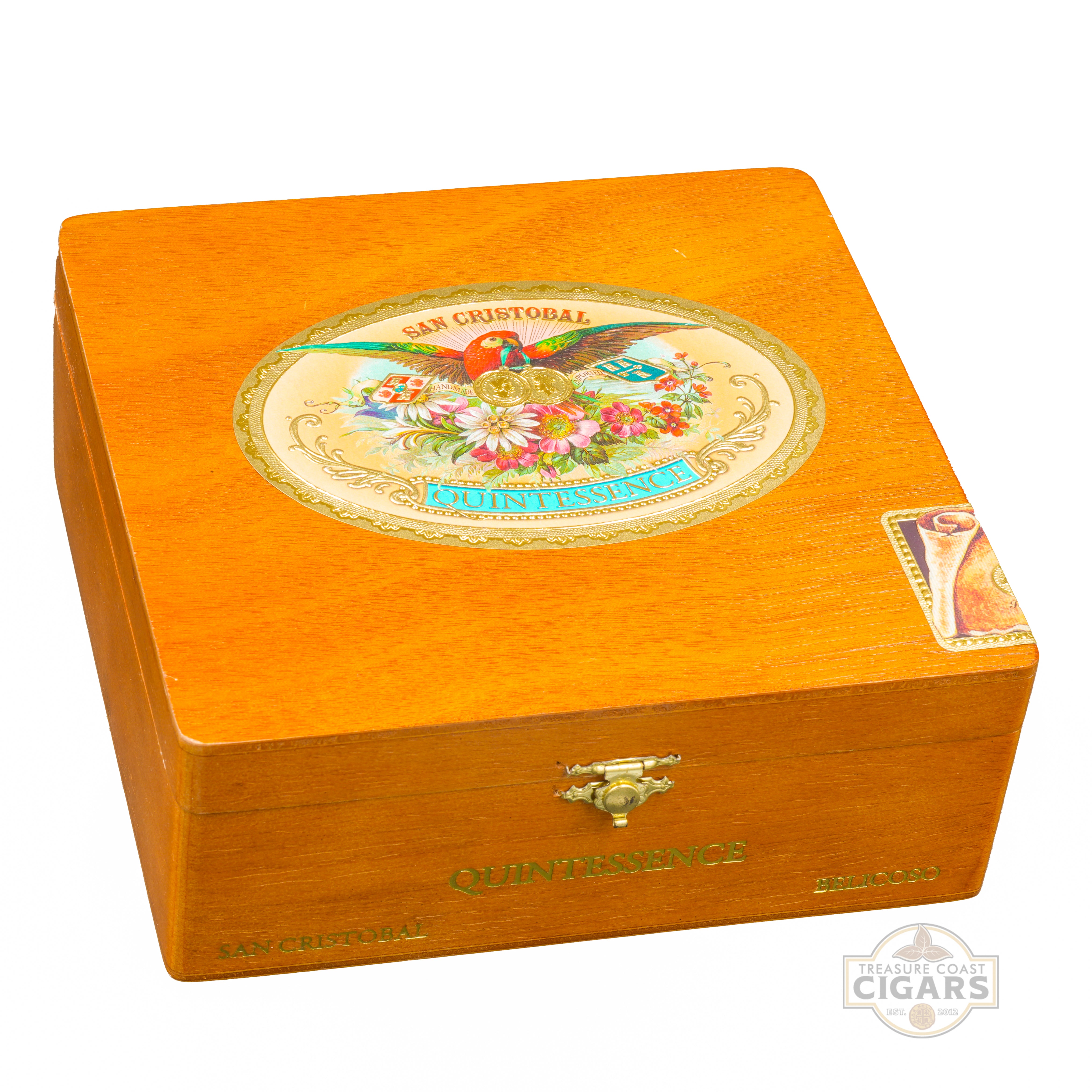 Wooden cigar humidor with decorative label on a white background