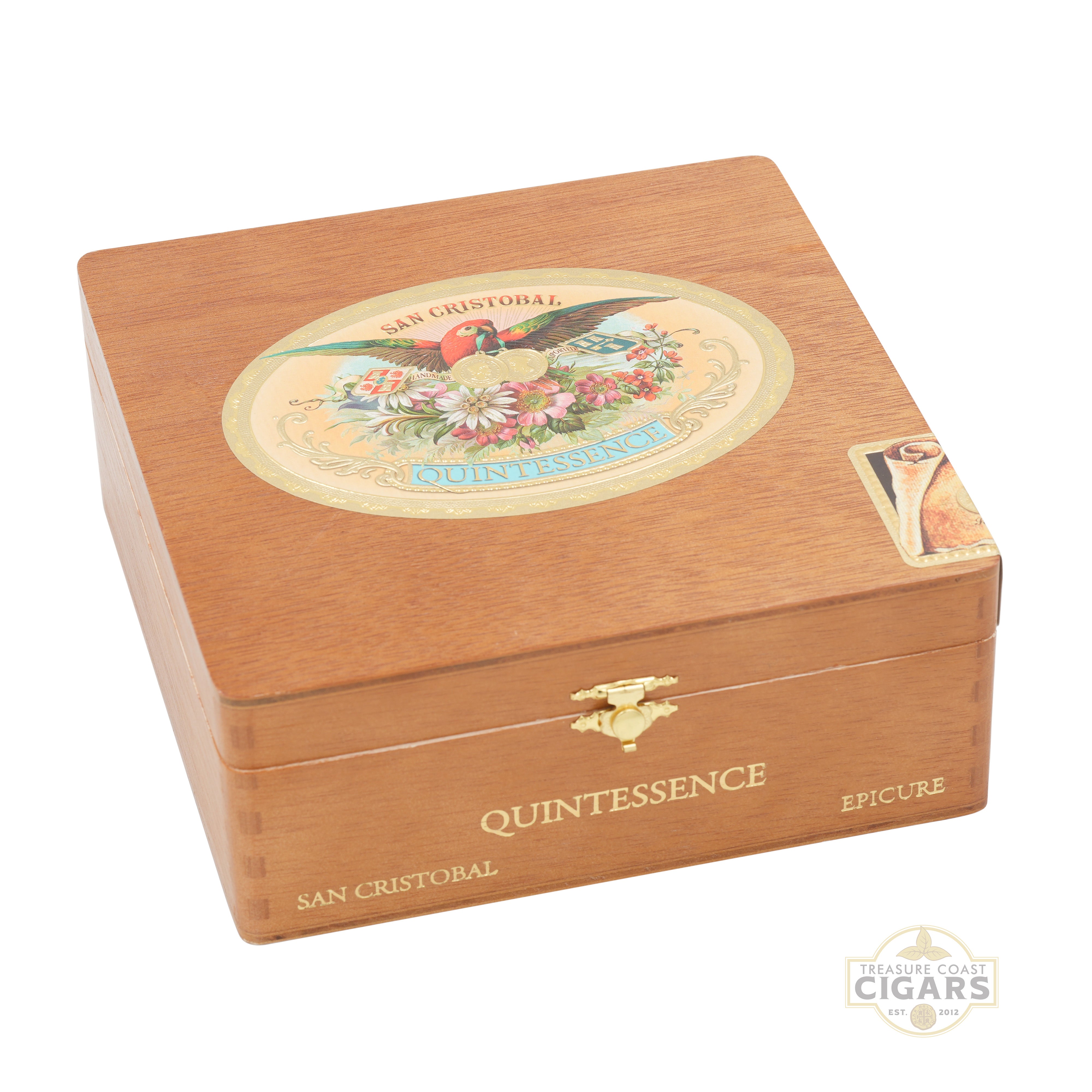 Wooden cigar box with decorative lid featuring floral design and brand name on a white background