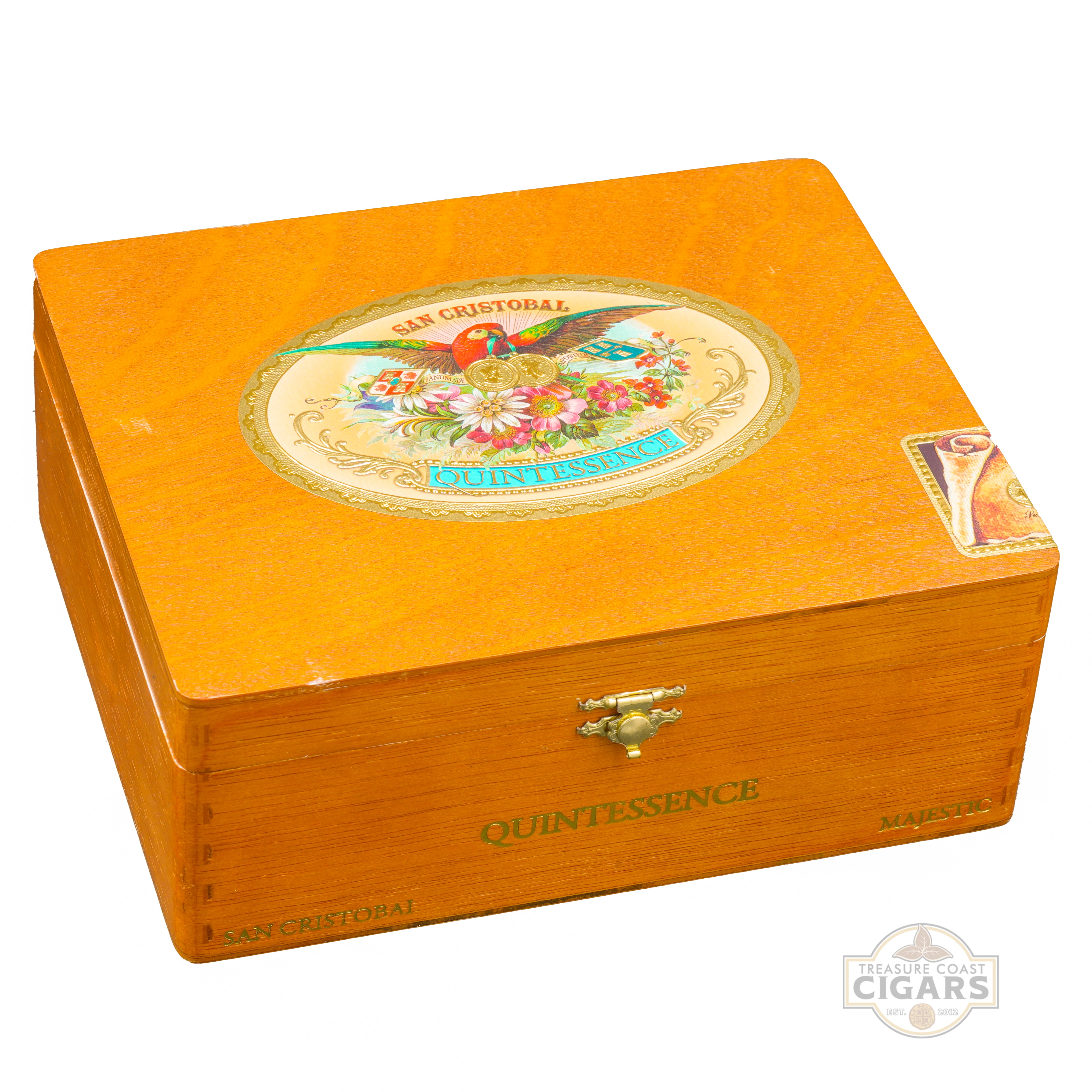 wood cigar box with decorative lid featuring floral design and brand name on a white background