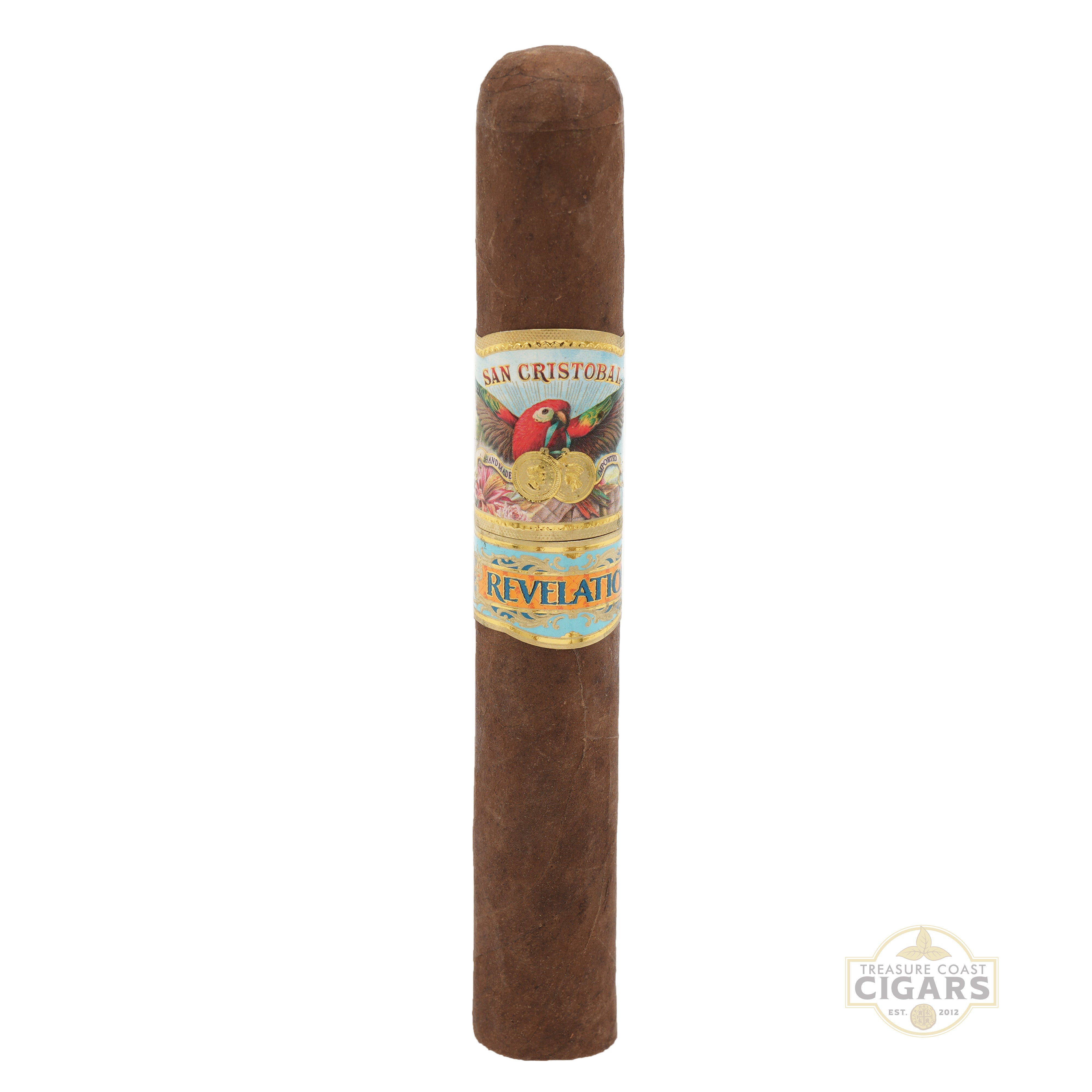 Cigar with a colorful label on a white background