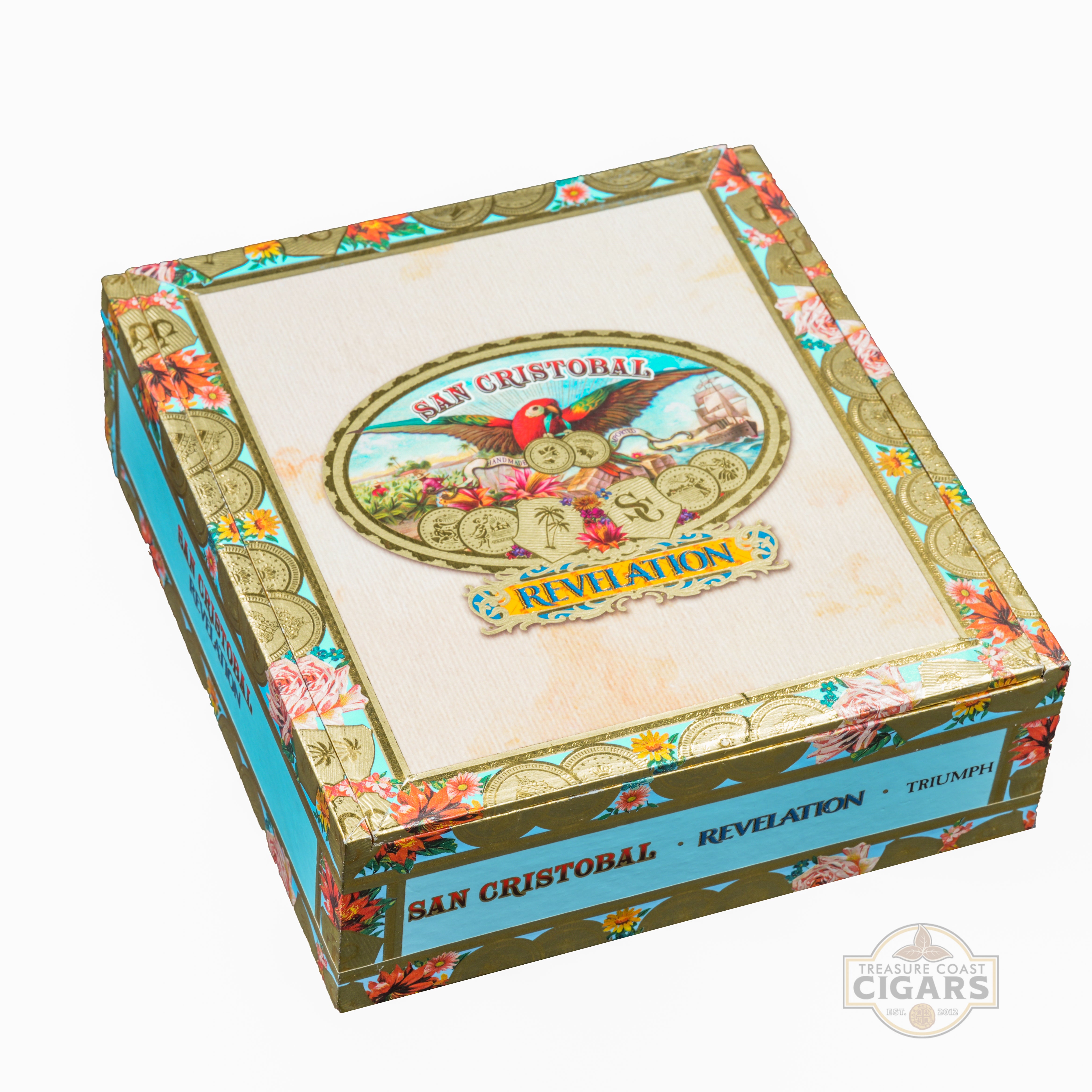 Cigar box with decorative design and 'San Cristobal' branding on a white background