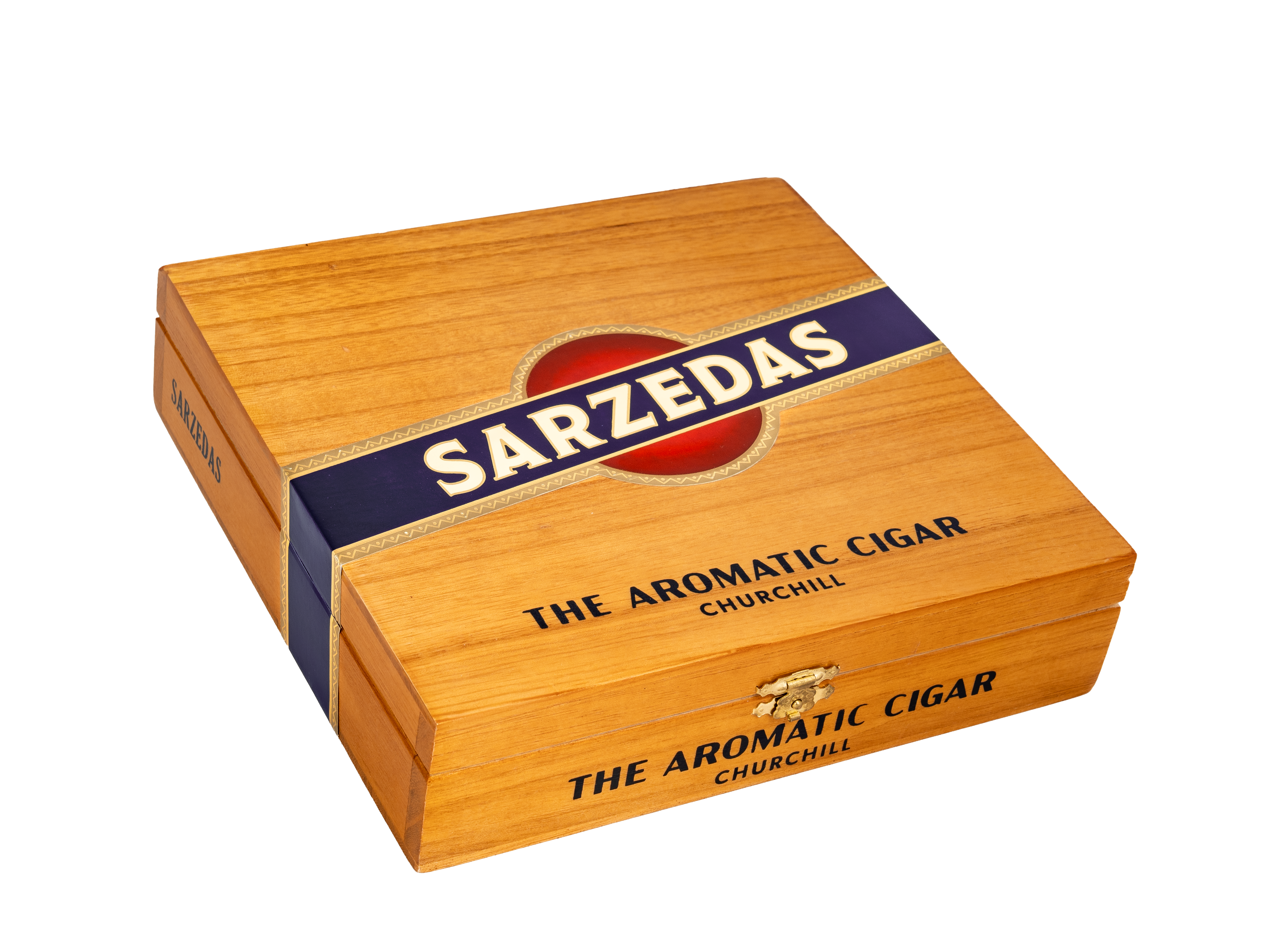 Wooden cigar box with 'Sarzedas' branding on a white background