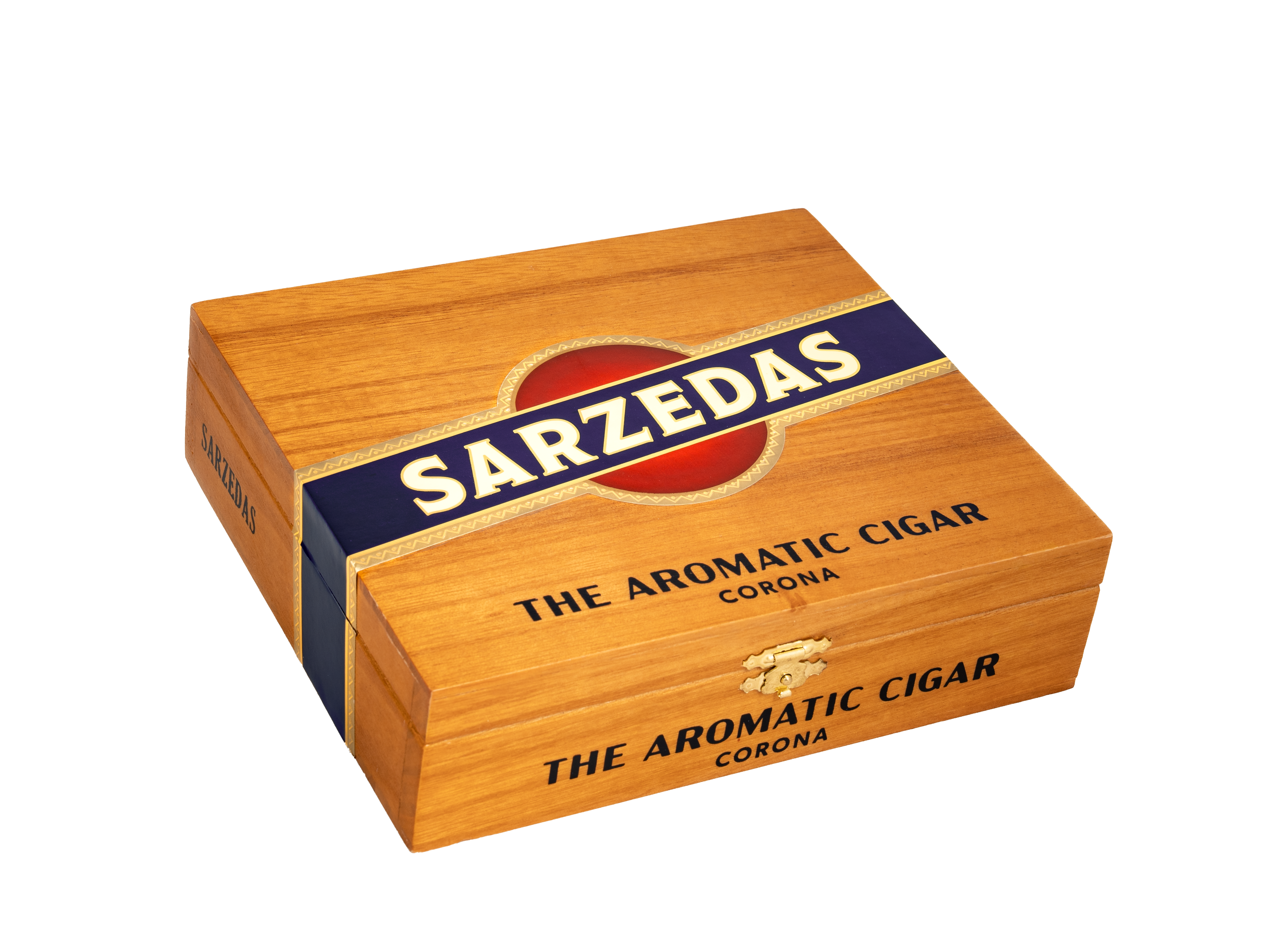 Wooden box of Sarzedas cigars on a white background