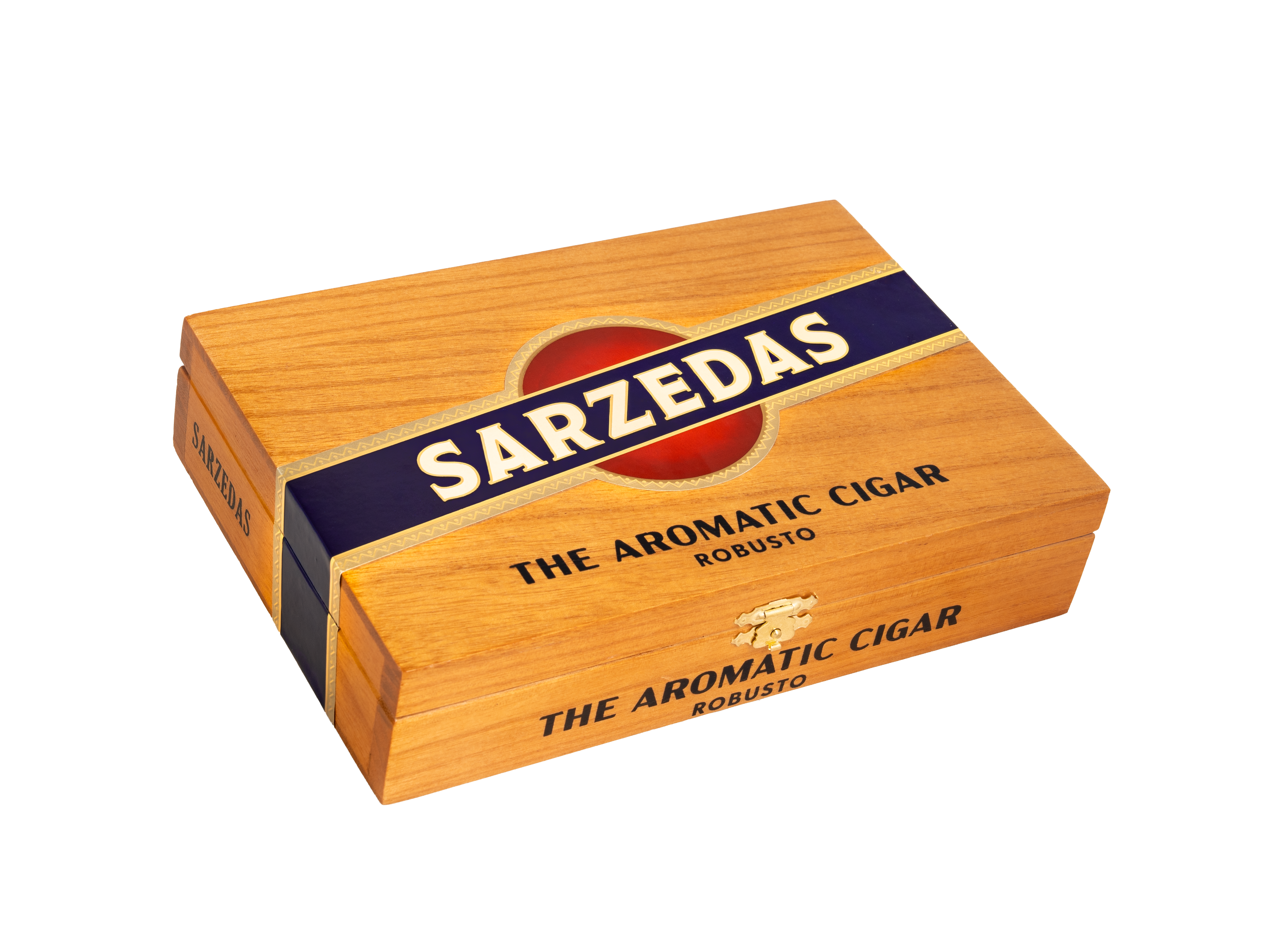 Box of Sarzedas cigars with wooden finish and blue band on a white background