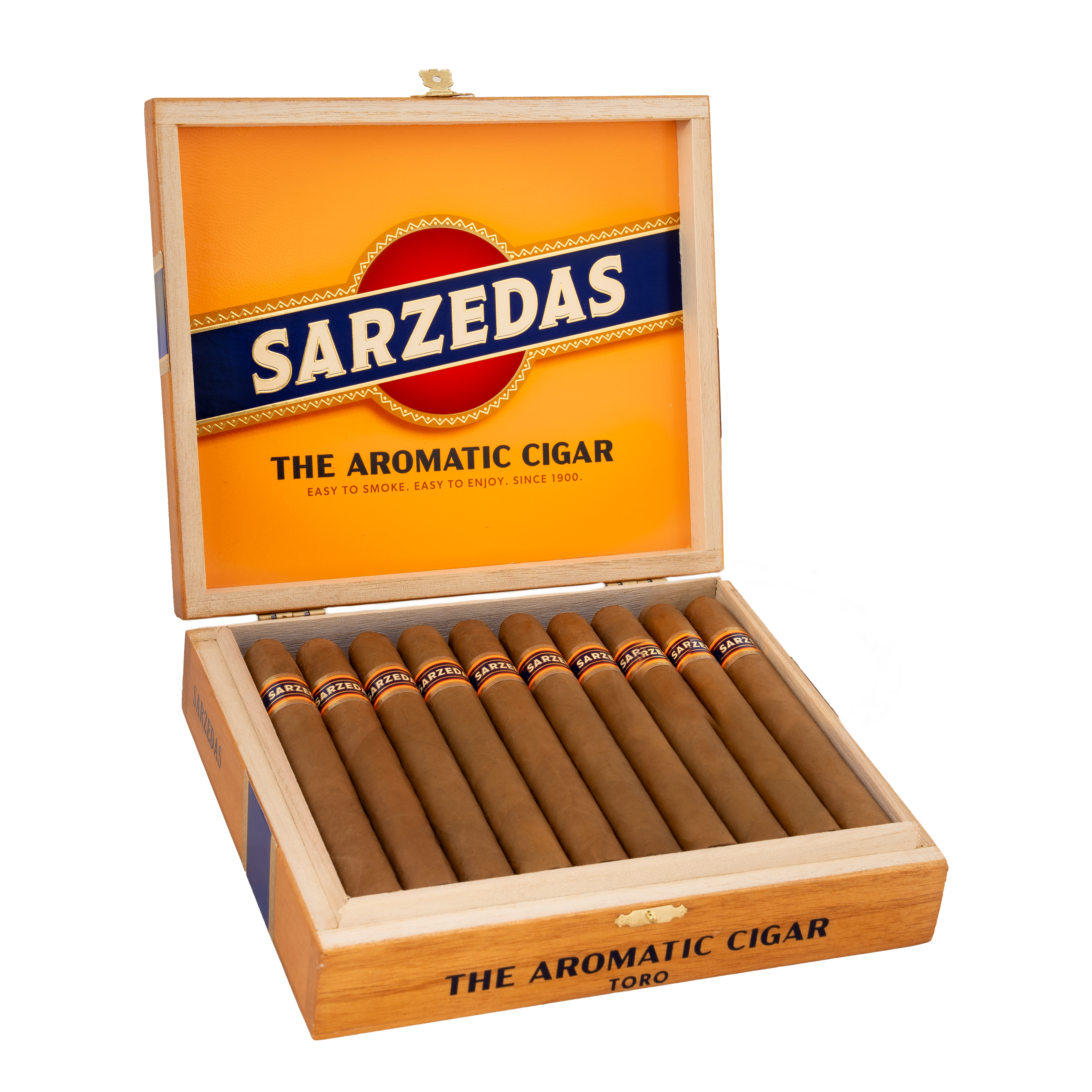 Open wooden box of Sarzedas cigars with cigars inside on a white background