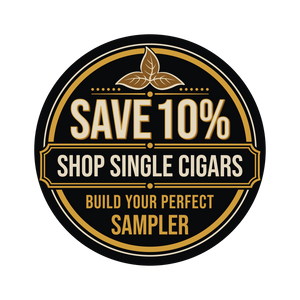 TCCigar.com Promotional sticker offering 10% off on single cigars with a leaf symbol, on a white background.