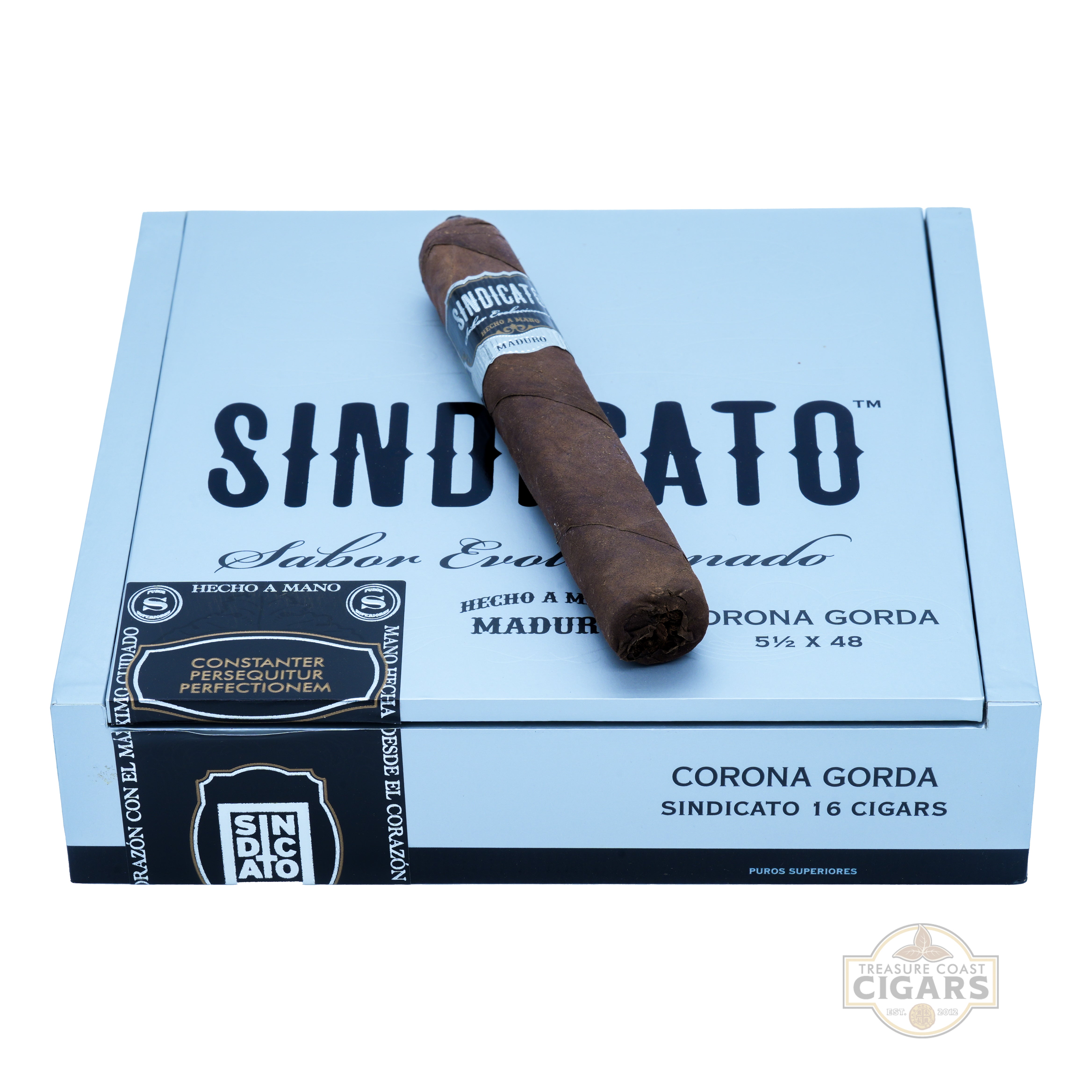 Cigar box with a single cigar on top, featuring the brand 'Sindicato'.