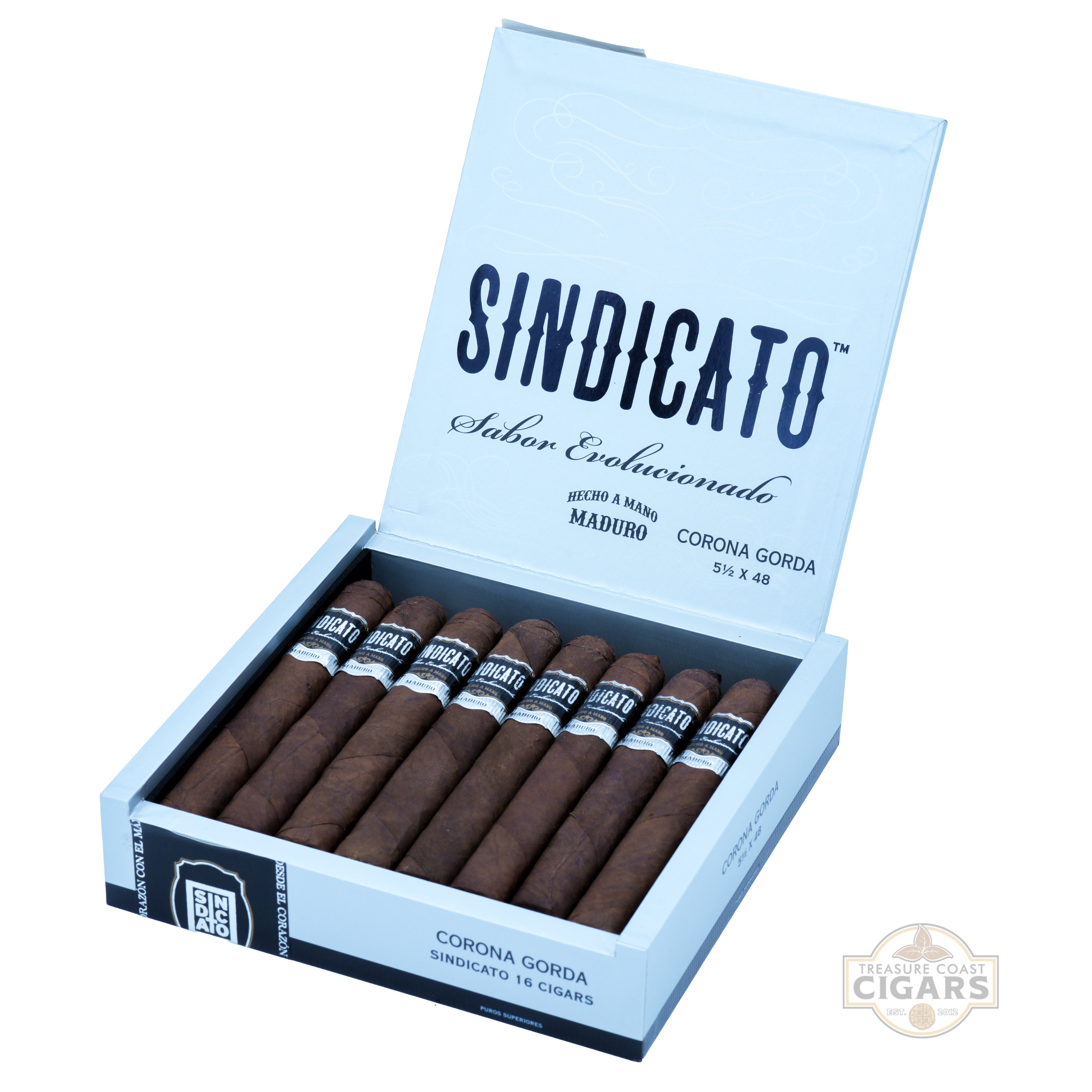 Box of Sindicato cigars with cigars inside on a white background