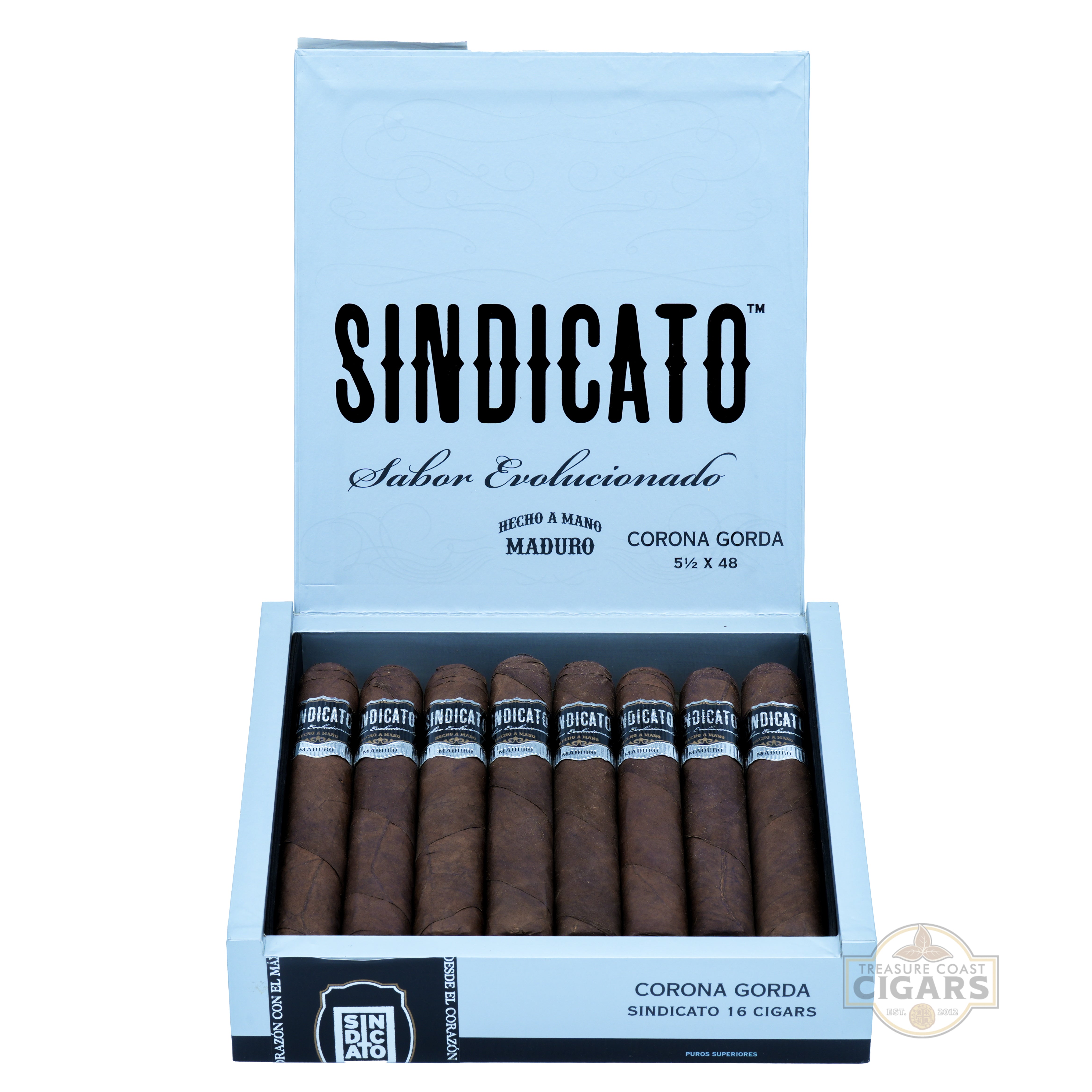 Box of Sindicato Maduro corona gorda cigars with cigars inside on a white background
