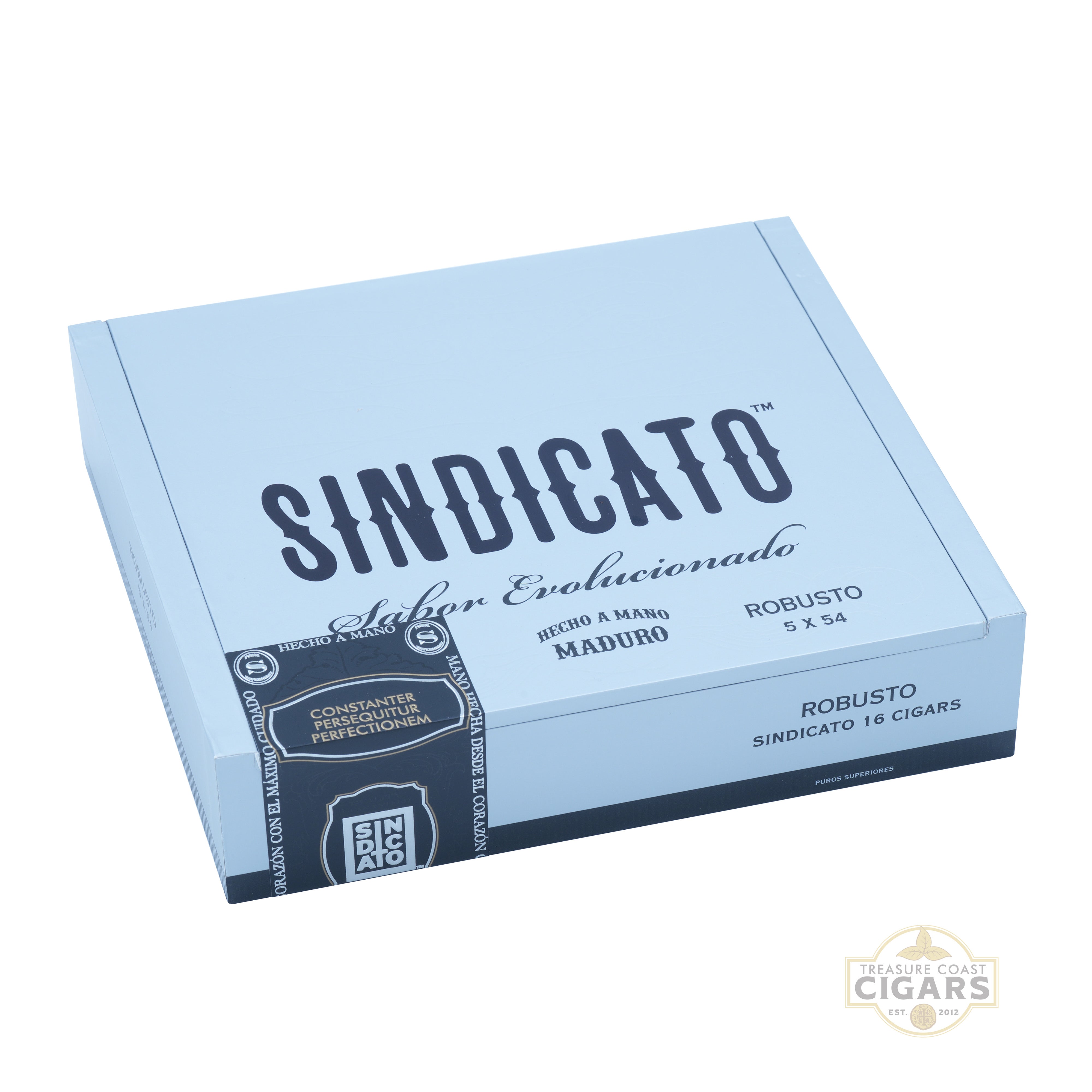 Box of Sindicato cigars with gray and black design on a white background