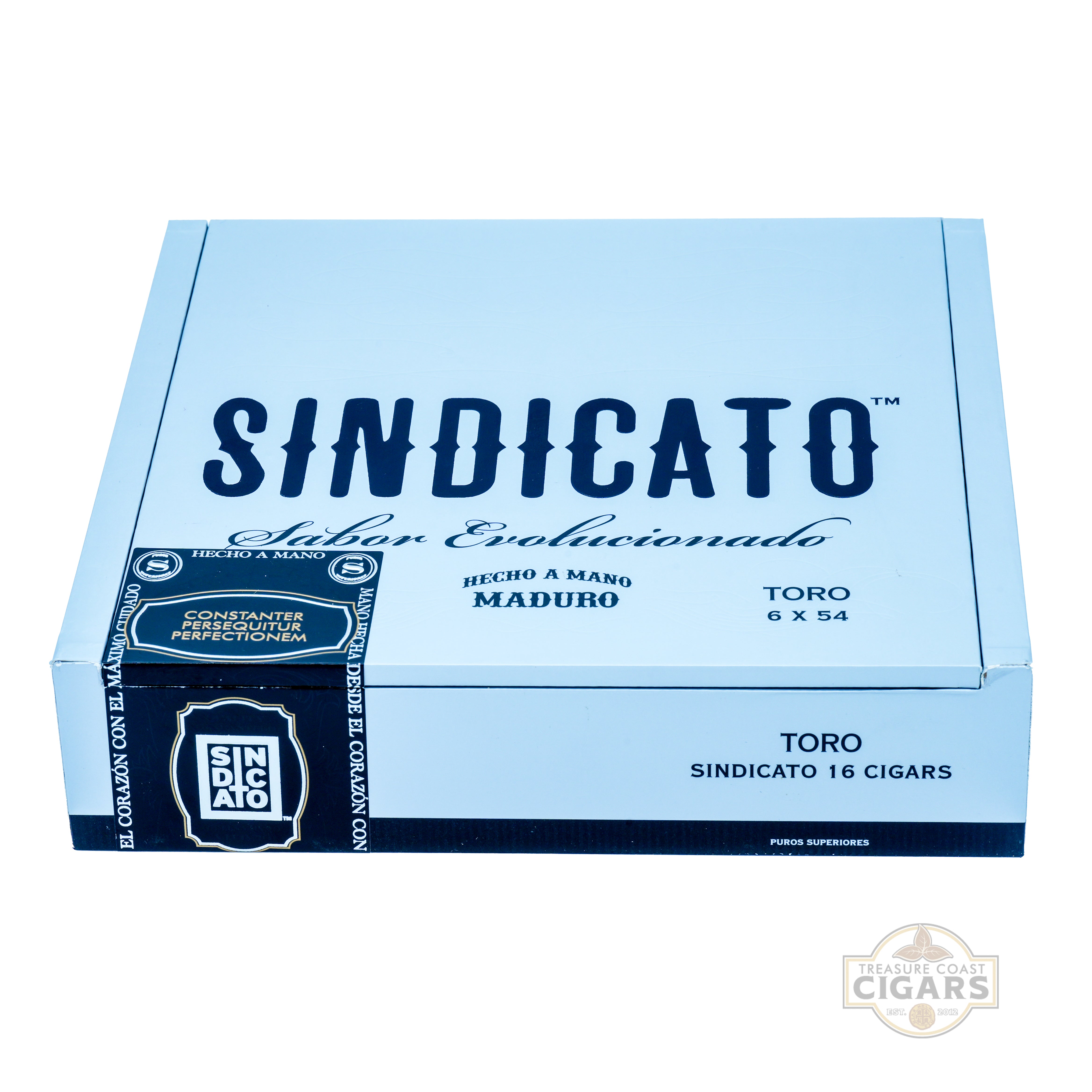 Box of Sindicato cigars with gray and black design on a white background