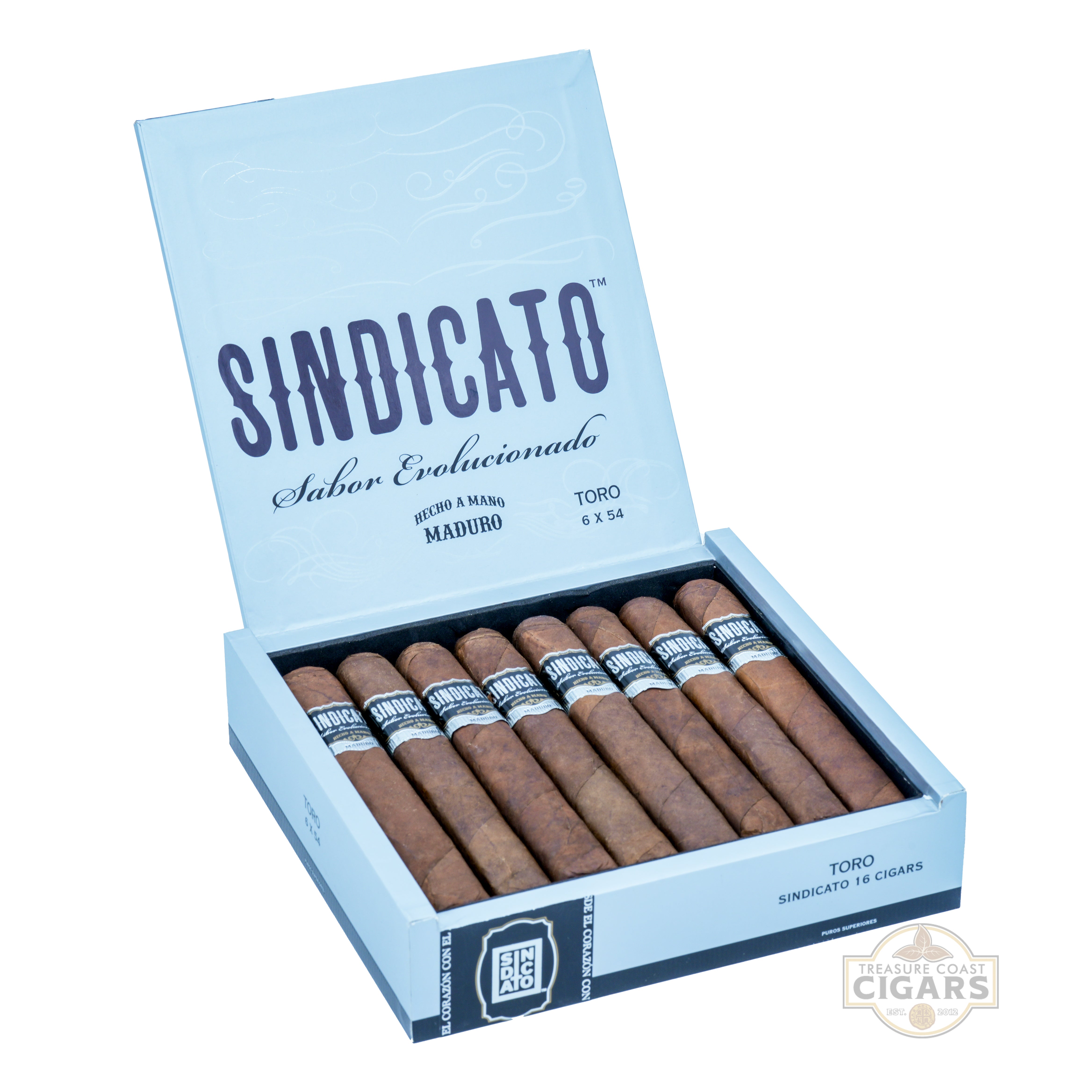 Box of Sindicato cigars with a gray box and brown cigars on a white background