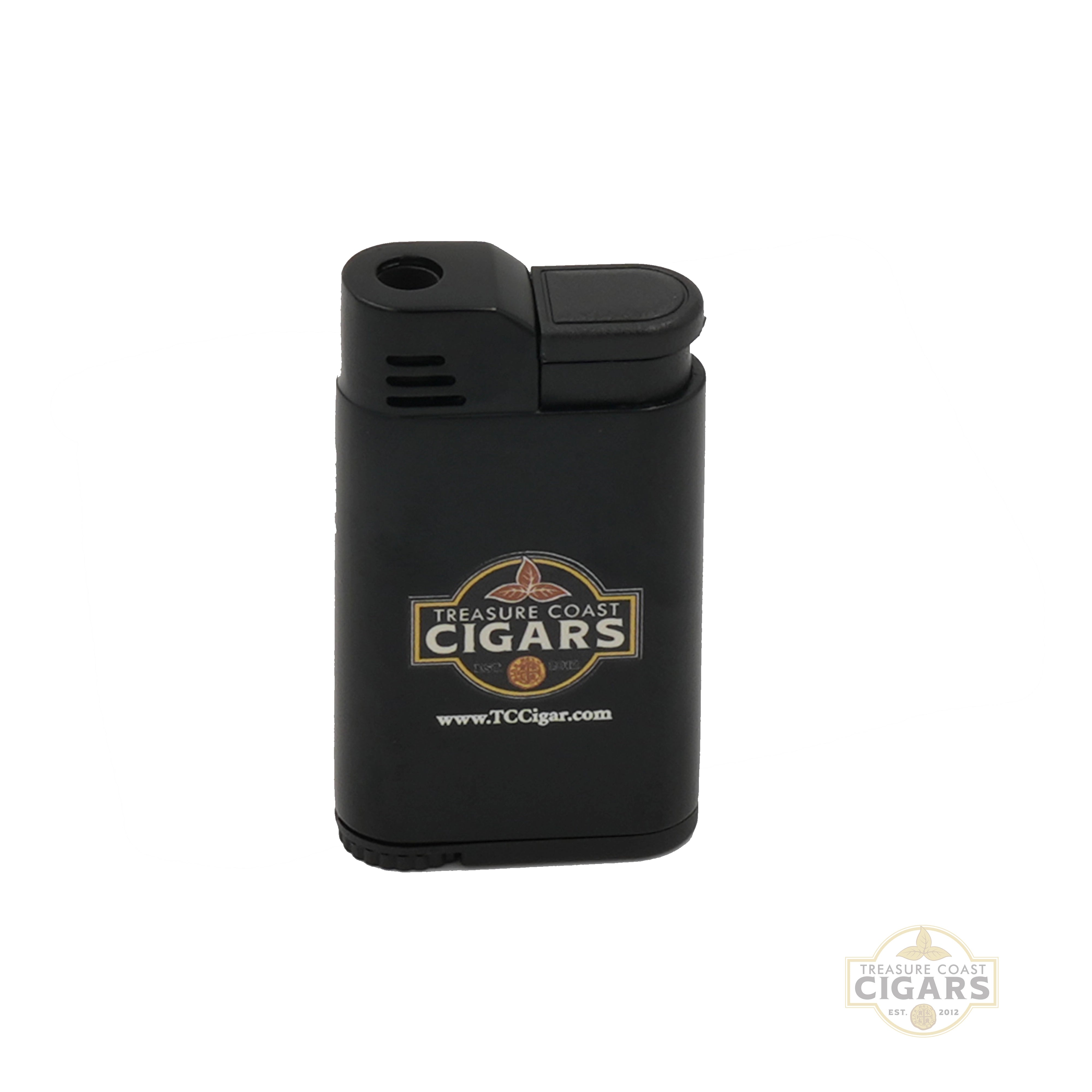 Black Palio Torcia lighter with Treasure Coast Cigars logo on a white background