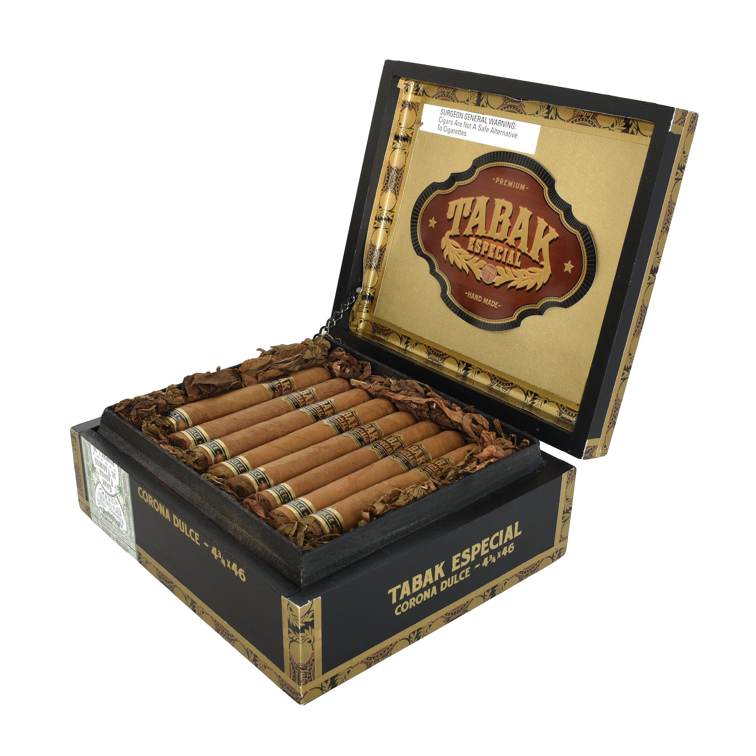 Open box of Tabak Especial Dulce cigars by Drew Estate, featuring neatly arranged Corona-sized cigars with natural wrappers. The interior lid displays the Tabak Especial logo, and dried tobacco leaves line the inside of the box for presentation.