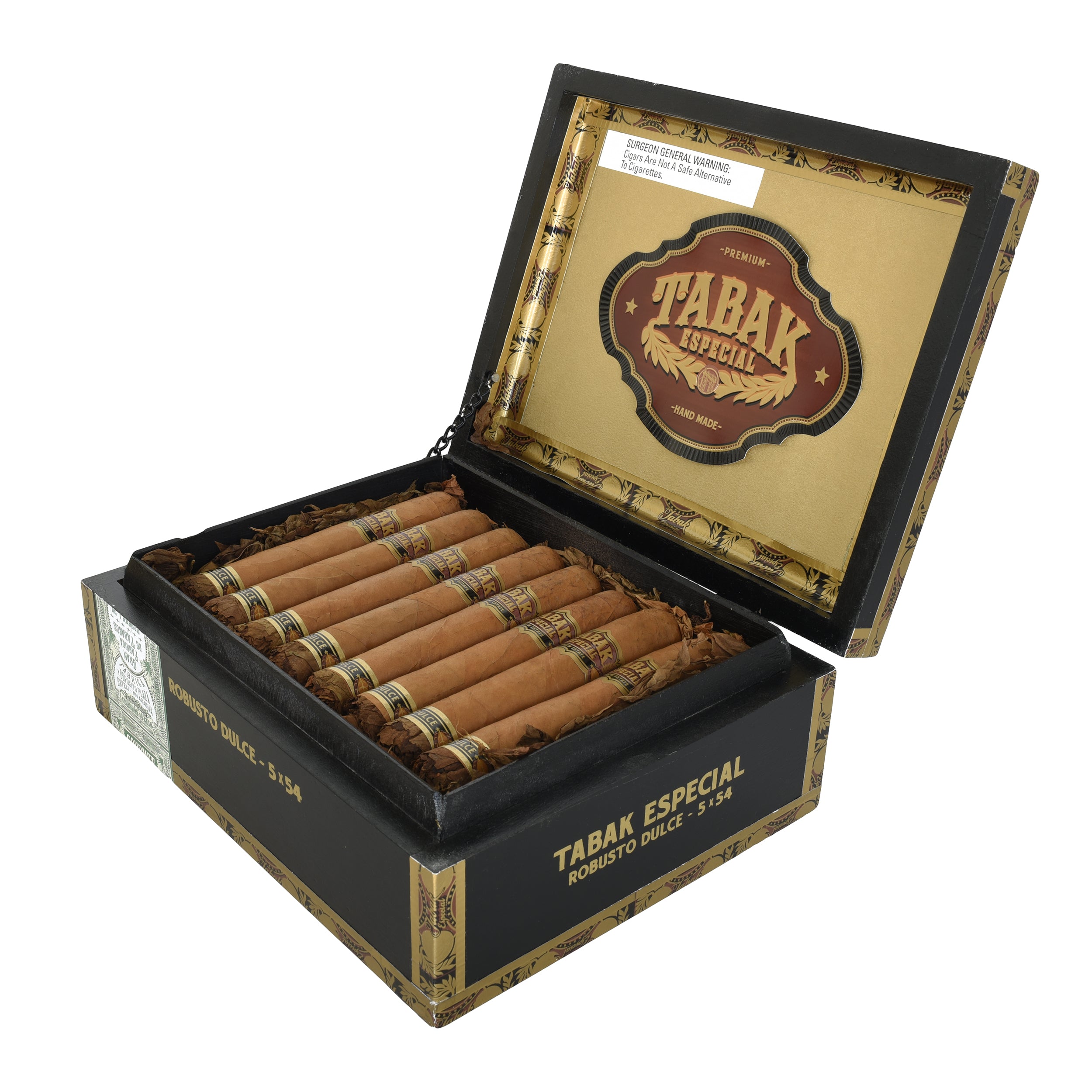 Open box of Tabak Especial cigars on a white background