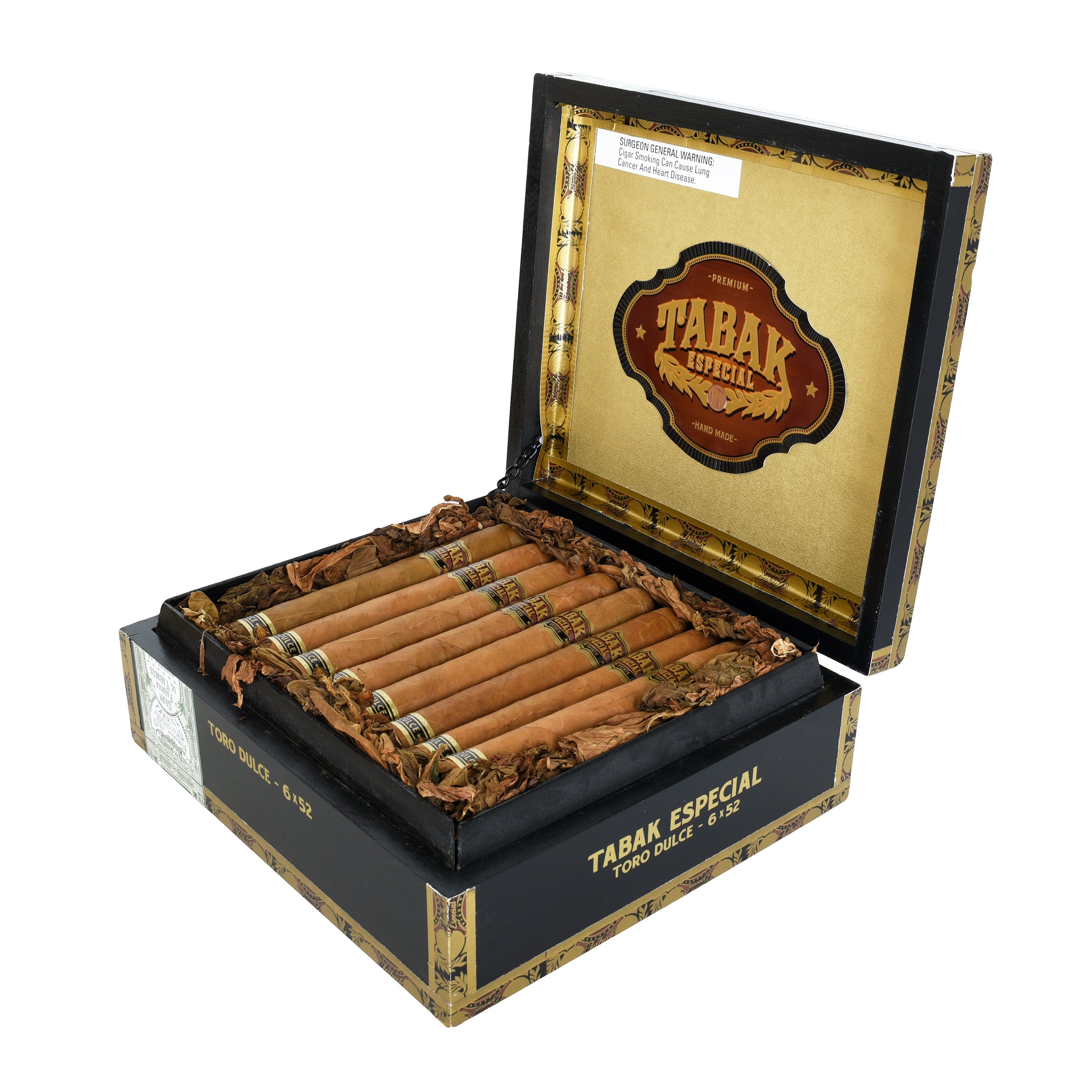Open box of Tabak Especial cigars on a white background
