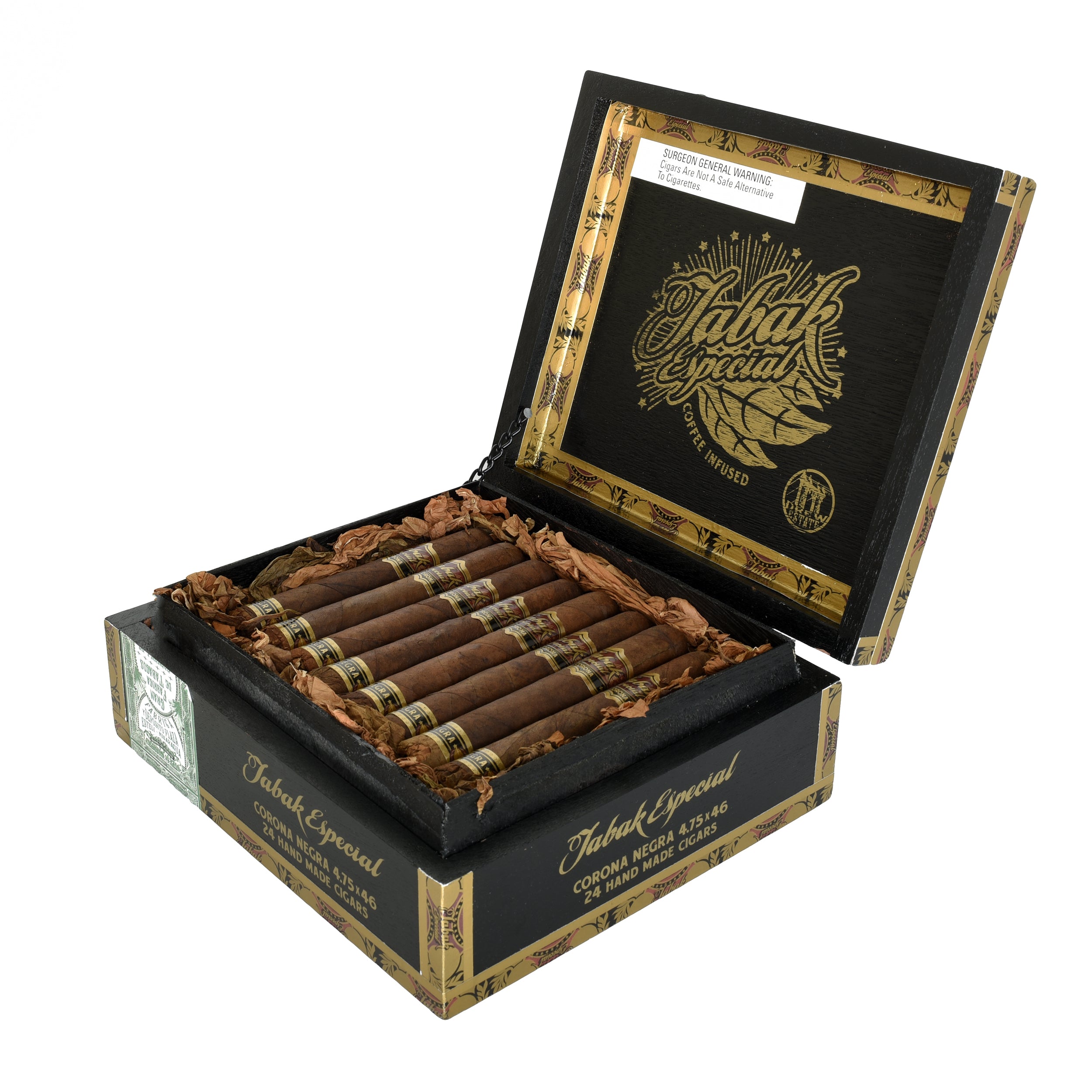 A black and gold box of Tabak Especial cigars is open, revealing a neatly arranged row of dark brown cigars surrounded by tobacco. The box design includes a stylized leaf emblem and additional decorative elements.