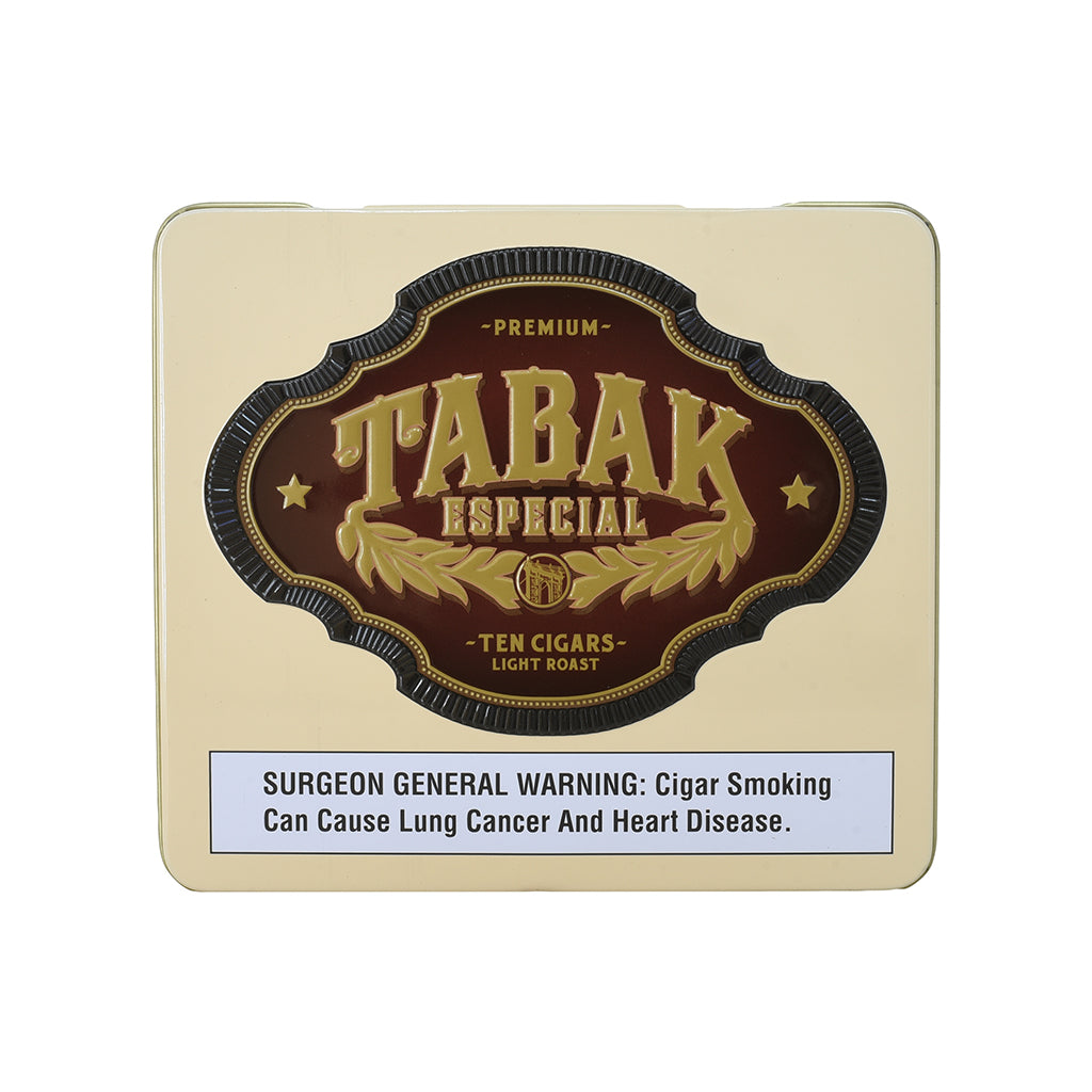 Tobacco tin with 'Tabak Especial' branding and warning label on a white background