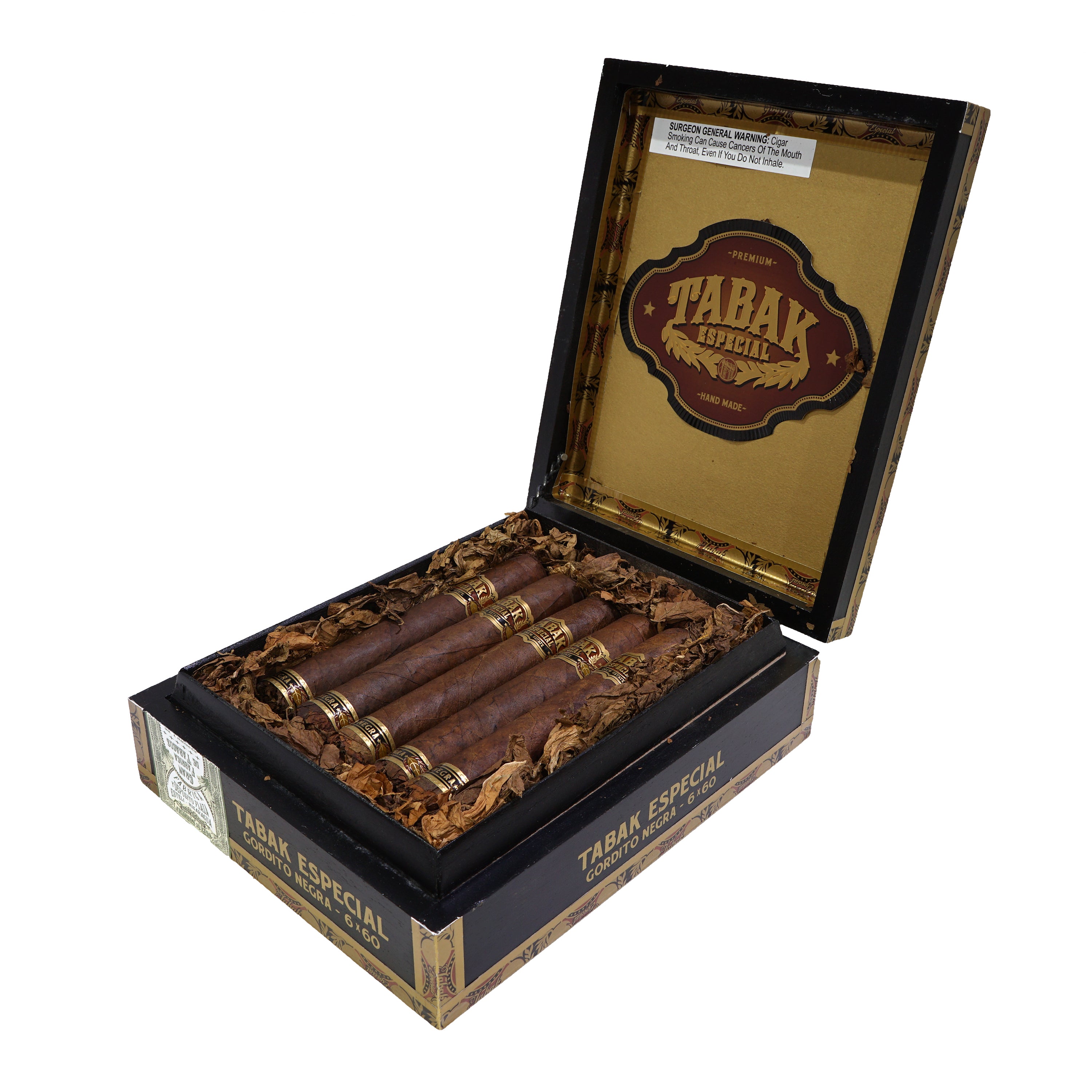 Open box of Tabak Especial cigars with cigars inside on a white background