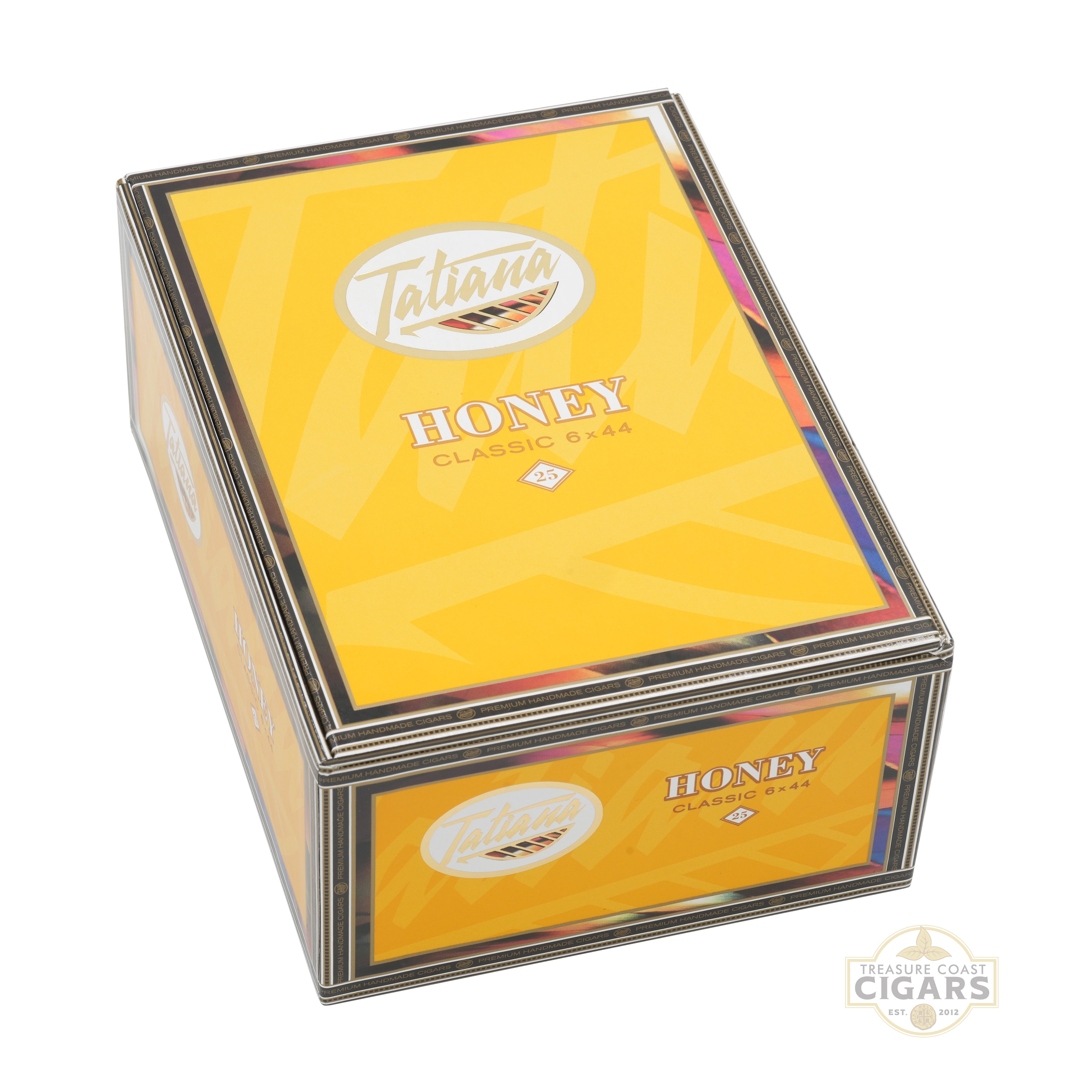 Tatiana Honey cigar box with yellow and multicolor design on a white background