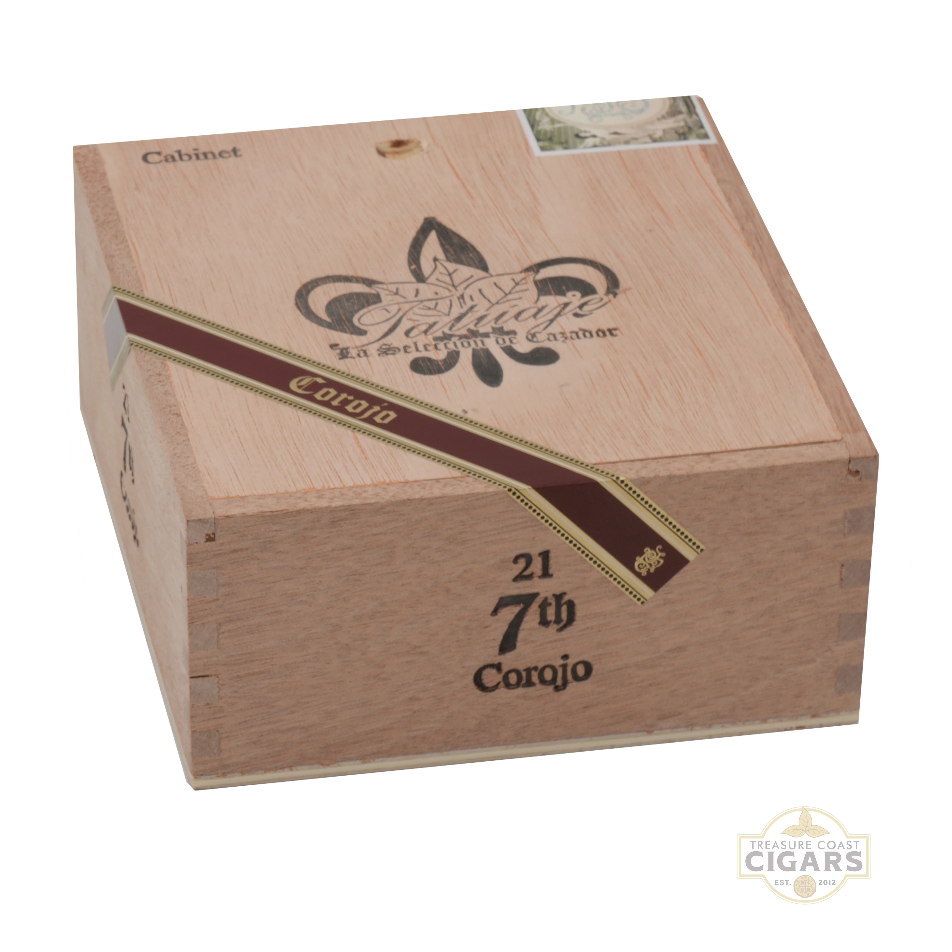 A closed box of Tatuaje 7th Corojo on a white background with Treasure Coast cigars logo