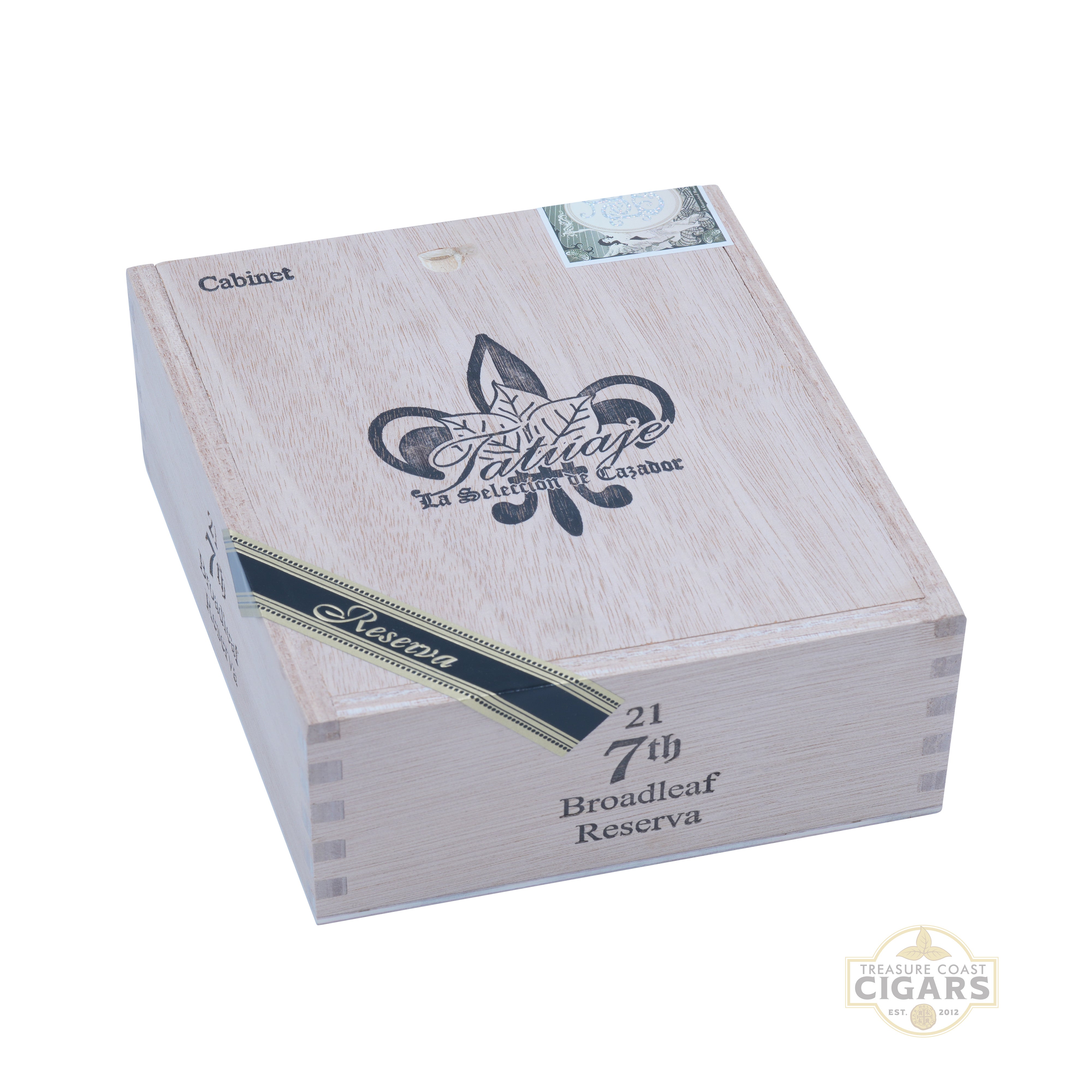 Tatuaje 7th Reserva Broadleaf Cigar box with branding and text on a white background