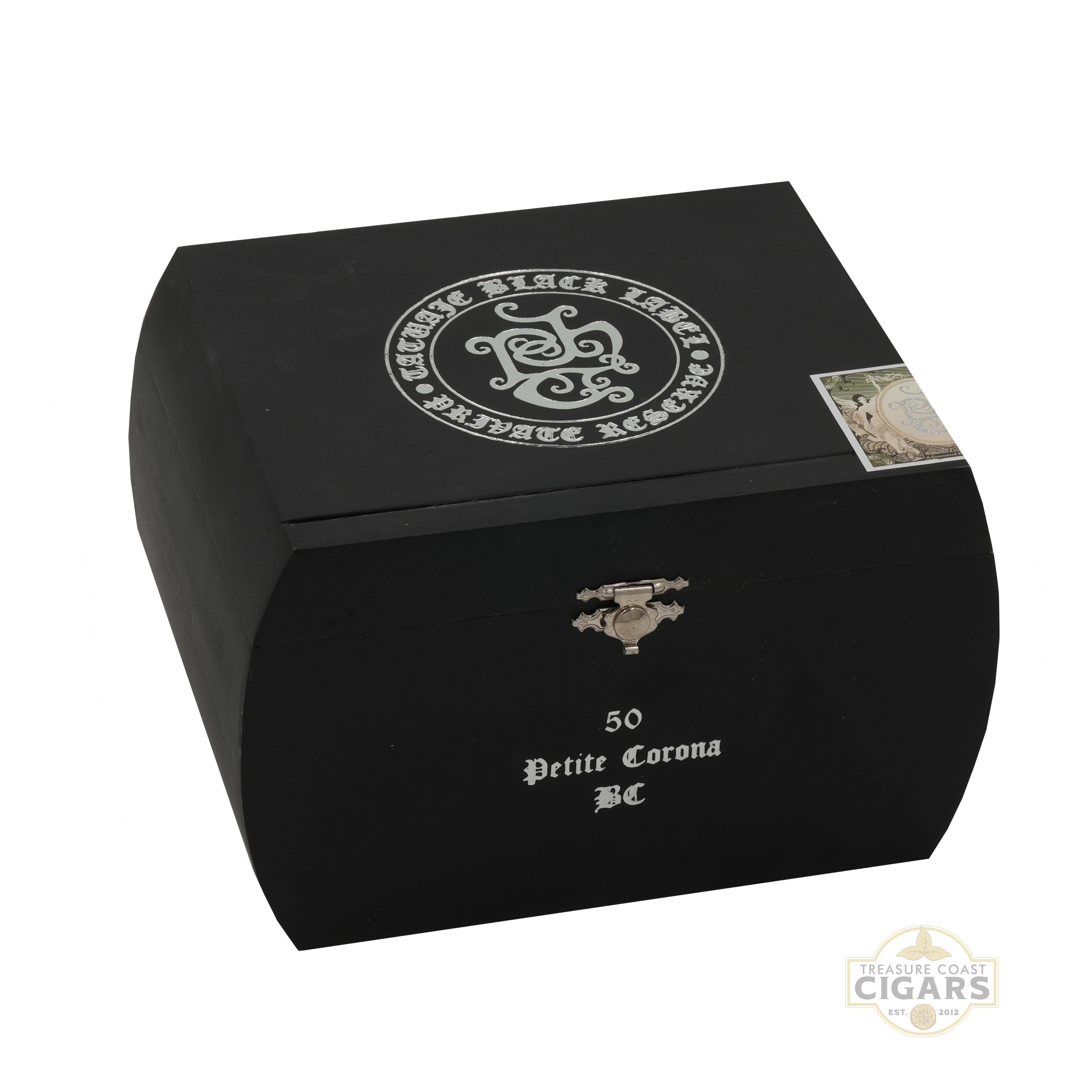 Tatuaje Black Label cigar box with decorative emblem and text on a white background