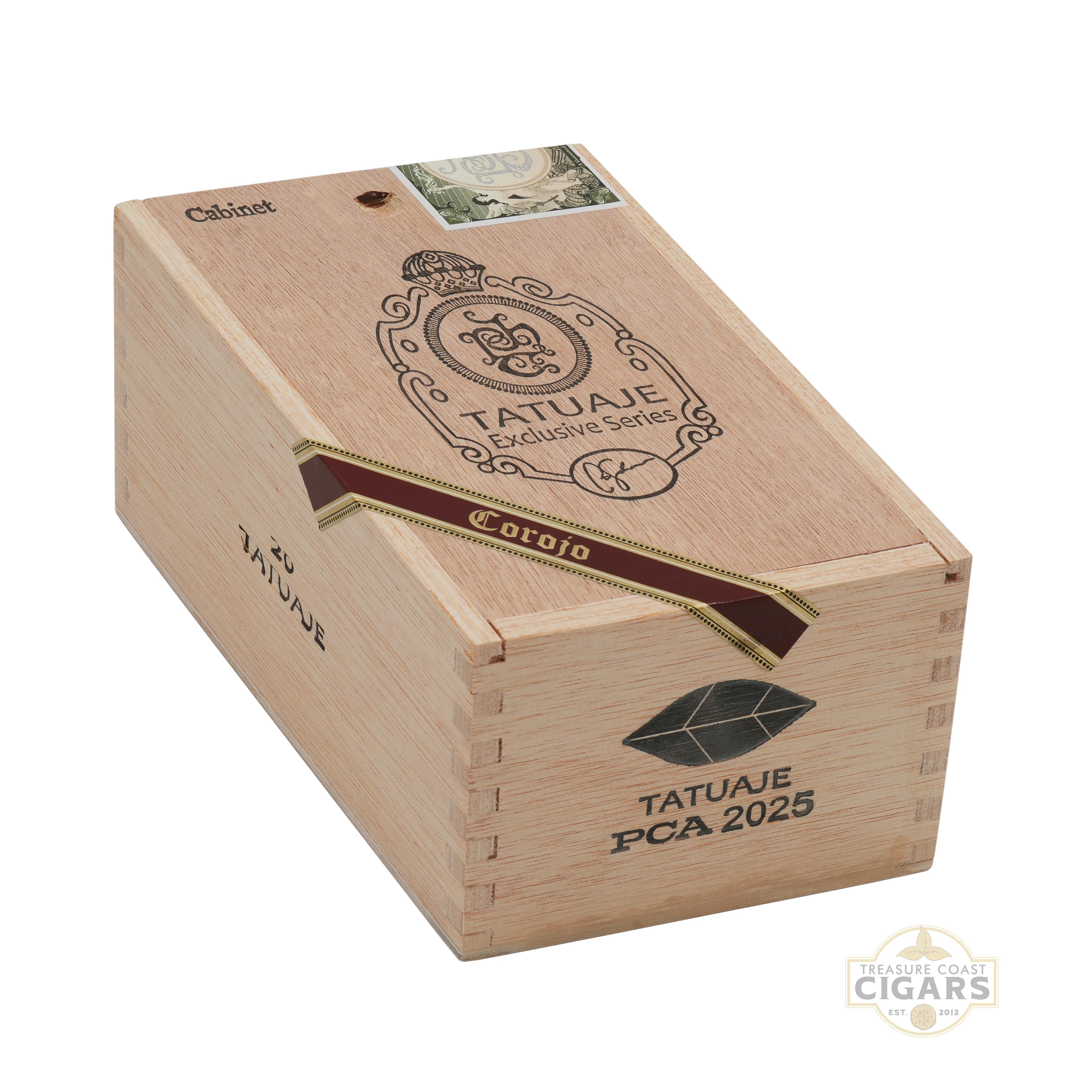 A closed wood box of cigars with PCA 2025 branding 