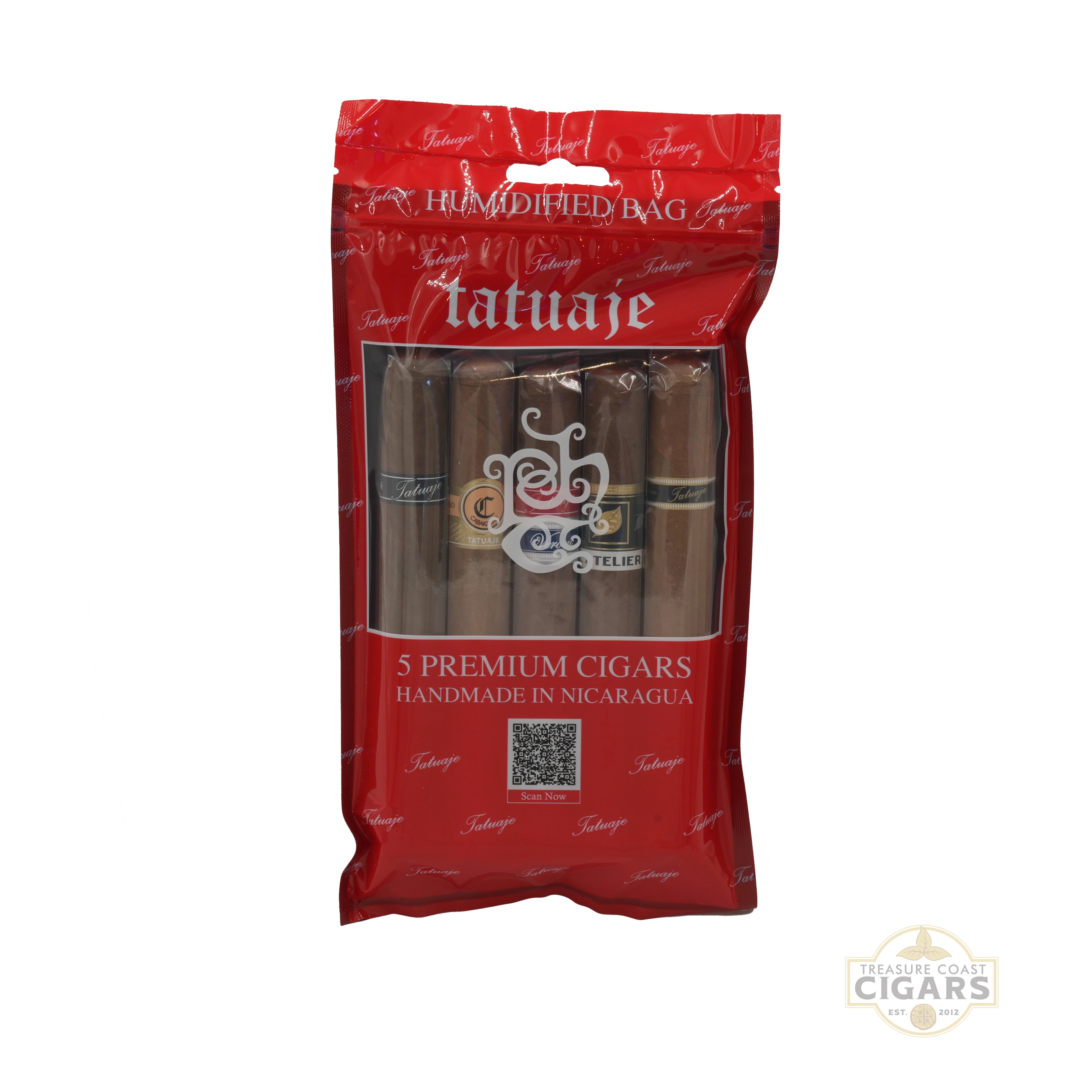 A red fresh pack containing an assortment of five Tatuaje Cigars on a white background